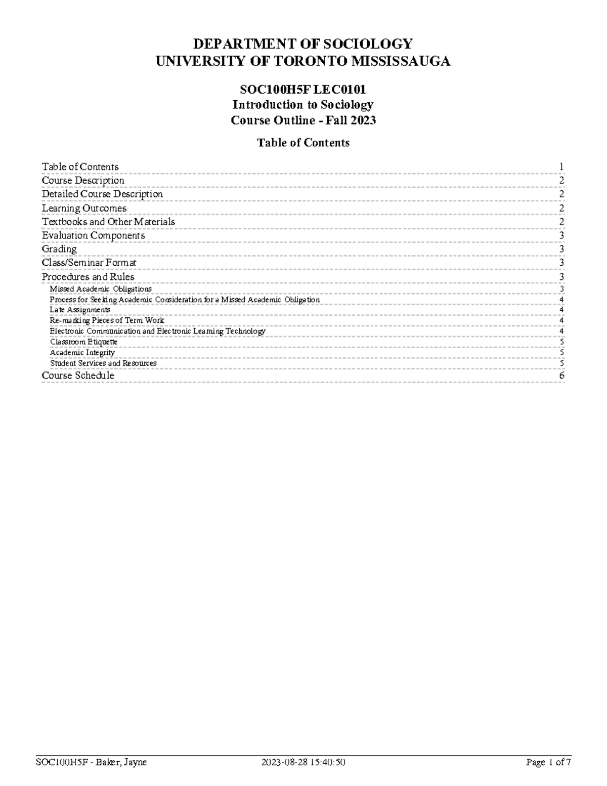SOC100H5F LEC0101 Course Outline - Introduction to Sociology (Fall 2023 ...