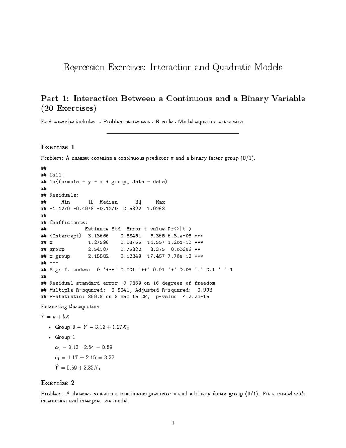 Regression Exercises: Interaction & Quadratic Models (Part 1 & 2) - Studocu