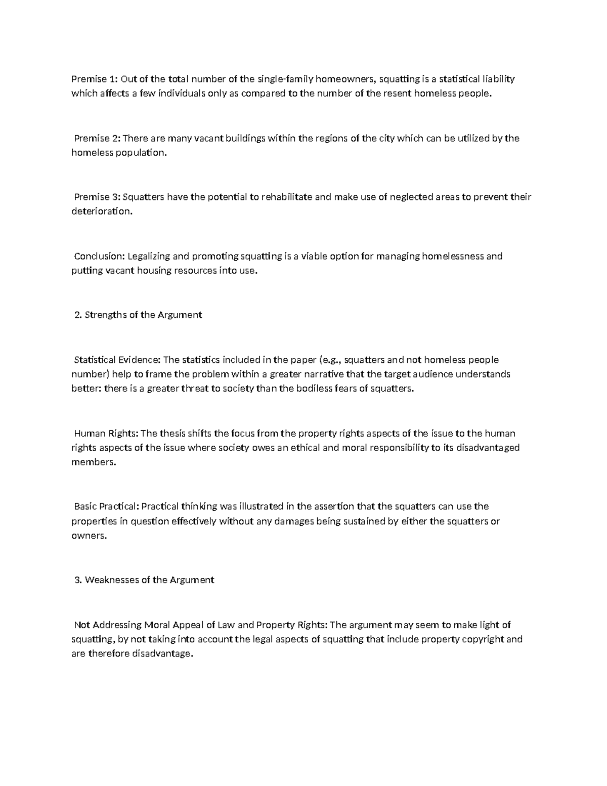 Premise 1 - Analysis of Squatting and Homelessness Solutions - Studocu