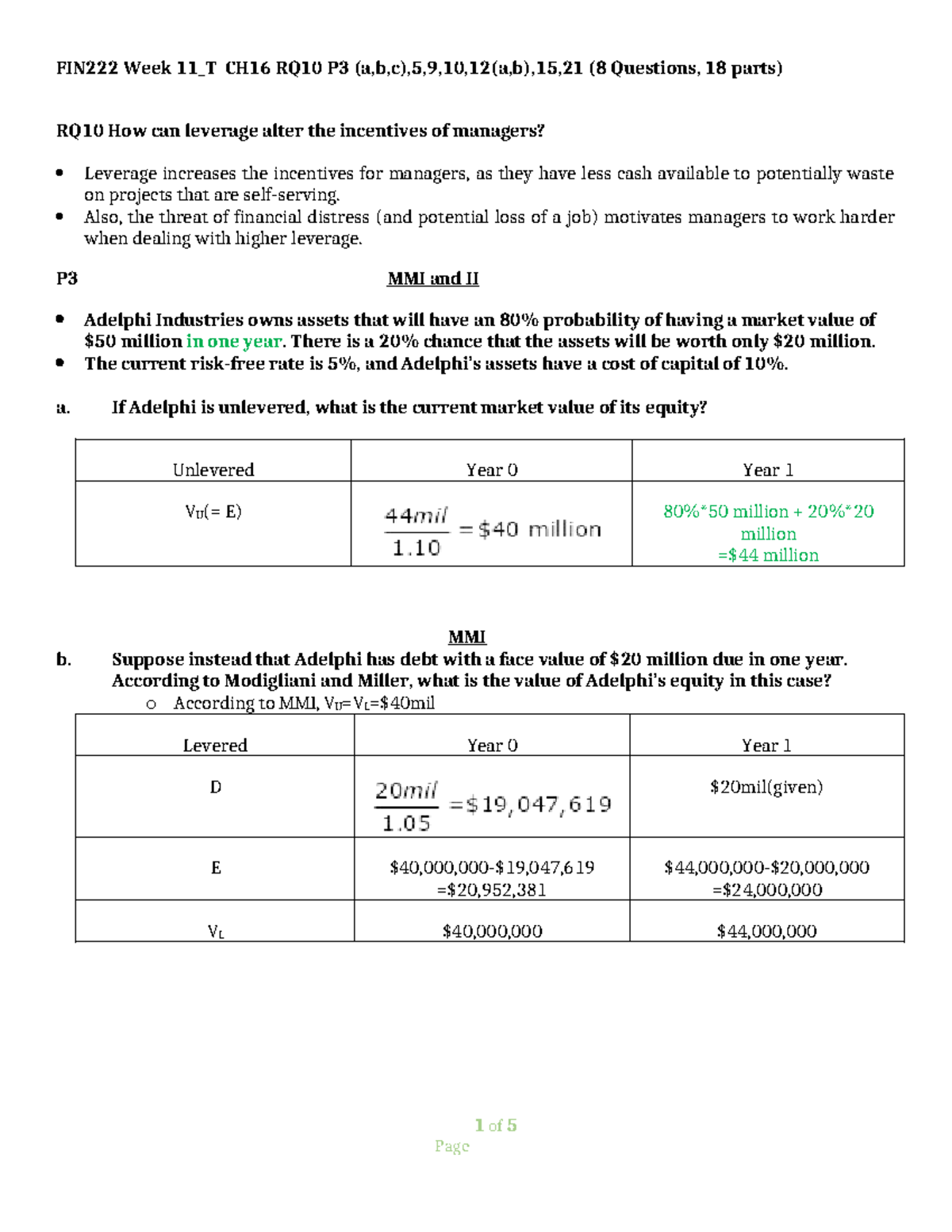 Week 11 T - Practice Questions on Leverage and Managerial Incentives ...