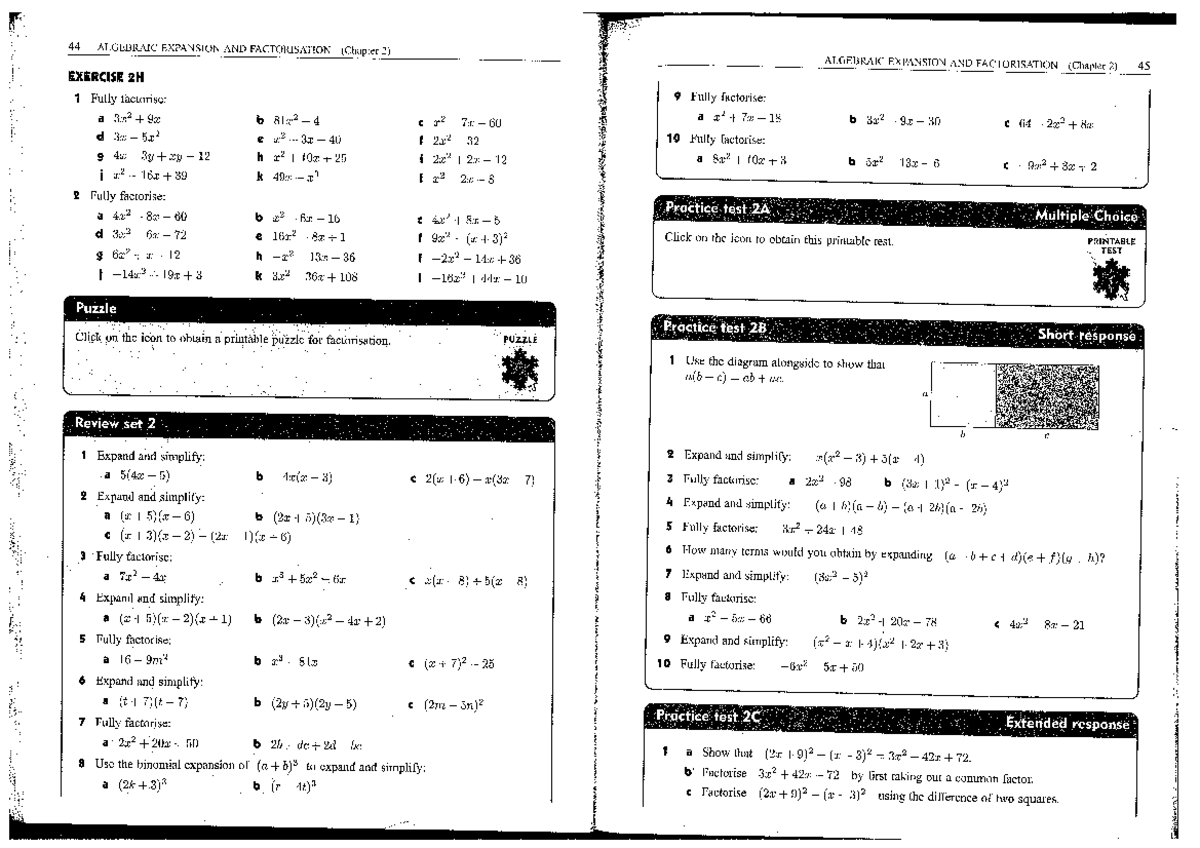 Algebraic Expansion and Factorisation Review (Chapter 2) - Studocu