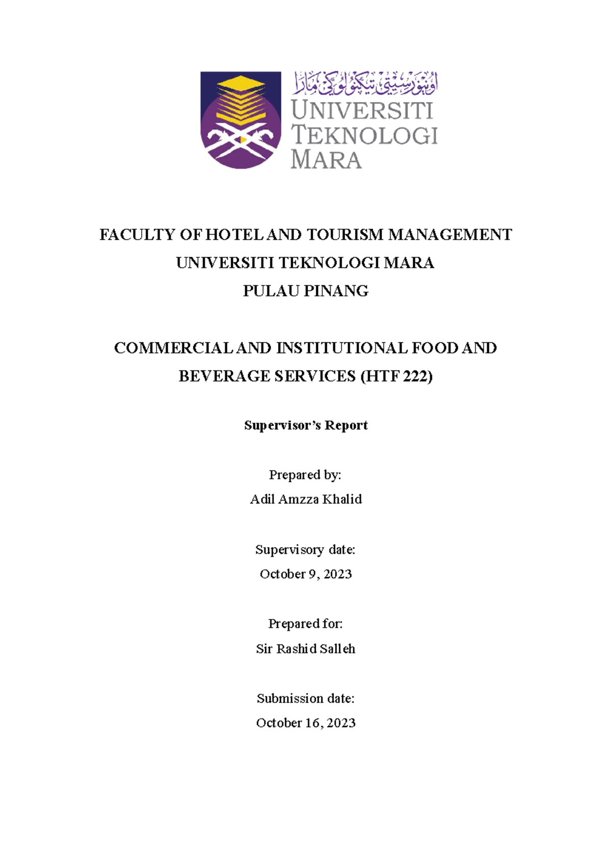 SOD Report on Institutional Food Service Operations (HTF) - Studocu