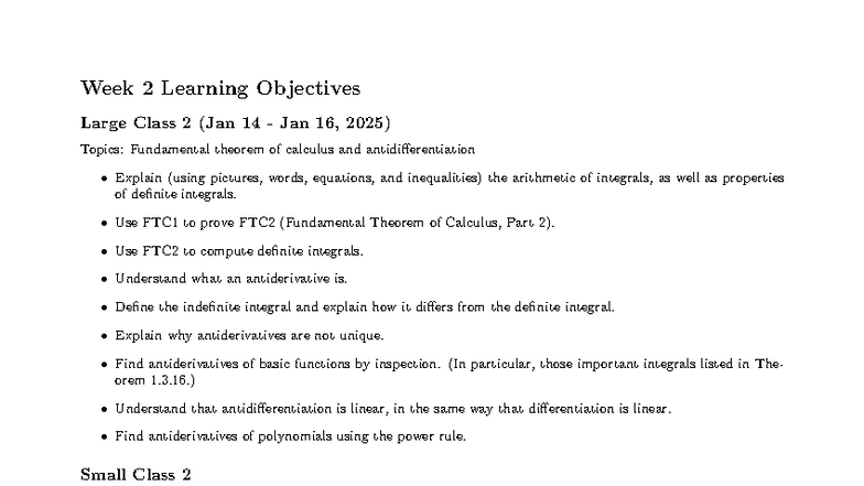 Week 2 Learning Objectives: Calculus Fundamentals (Large Class 2) - Studocu