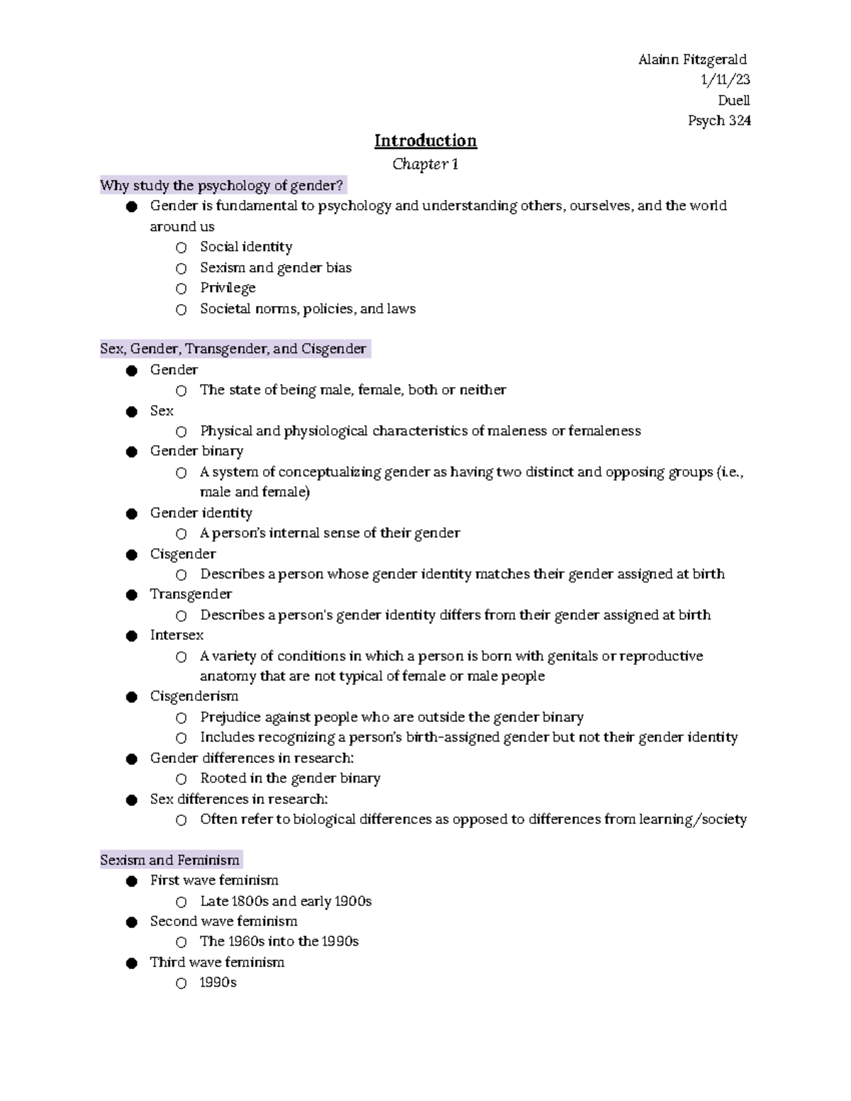 Psych 324 Ch. 1 - Introductory Notes on Psychology of Gender - Studocu
