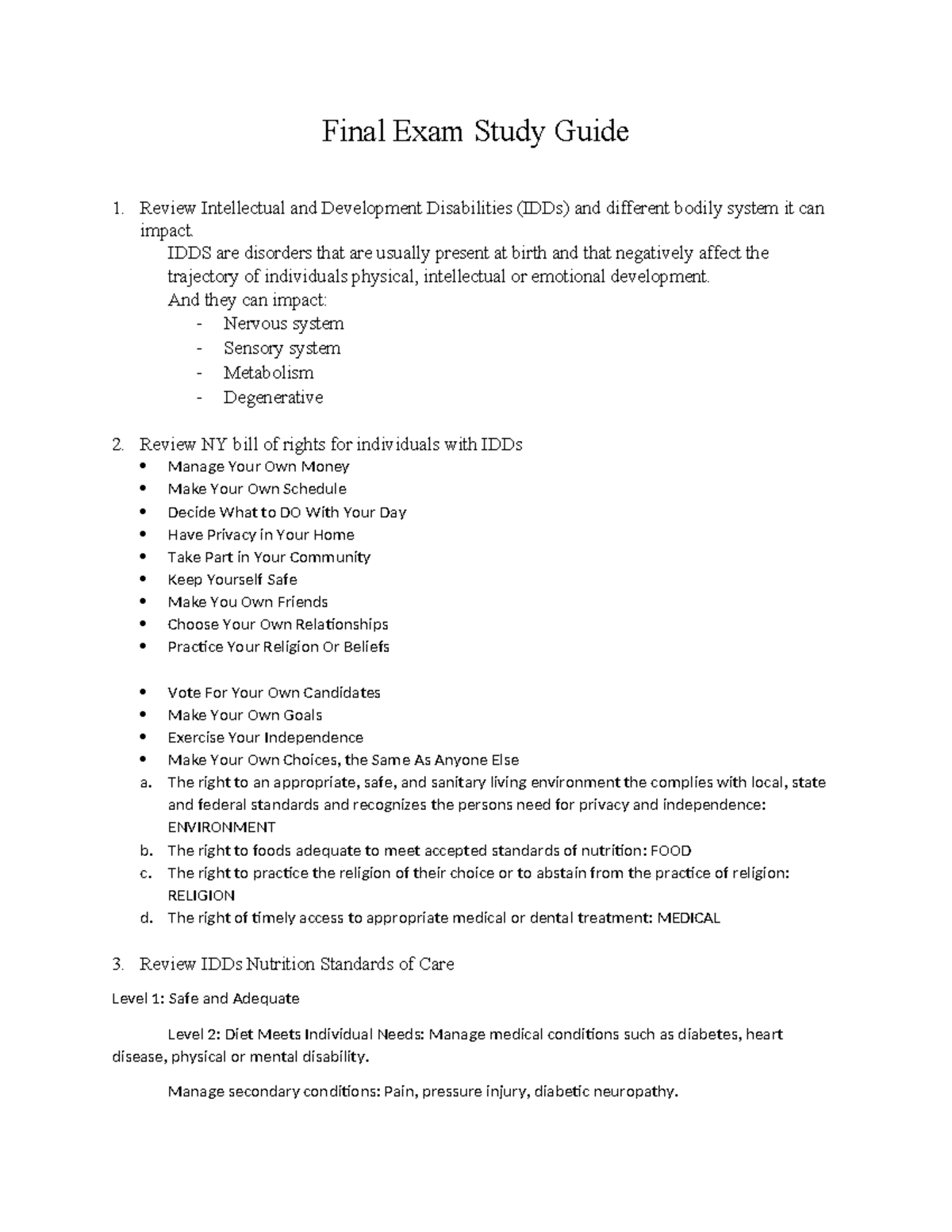 Final Exam Study Guide for IDDs & Nutrition Standards (Course Code: N/A ...