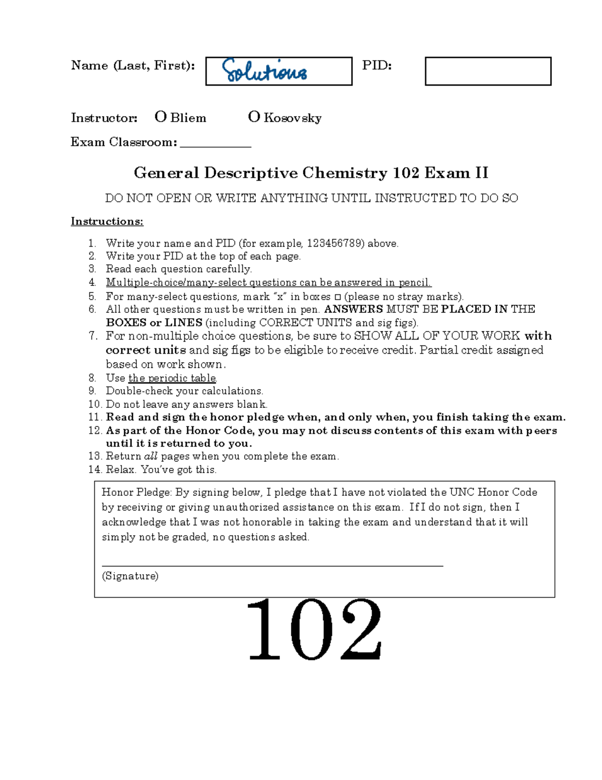 Chem 102 Exam II Instructions and Equation Sheet - Studocu