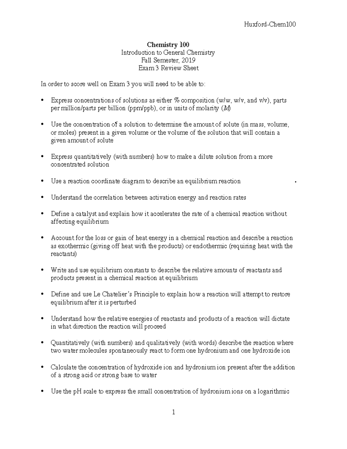 Chem 100: Study Guide for Exam 3 Review - Fall 2019 - Studocu