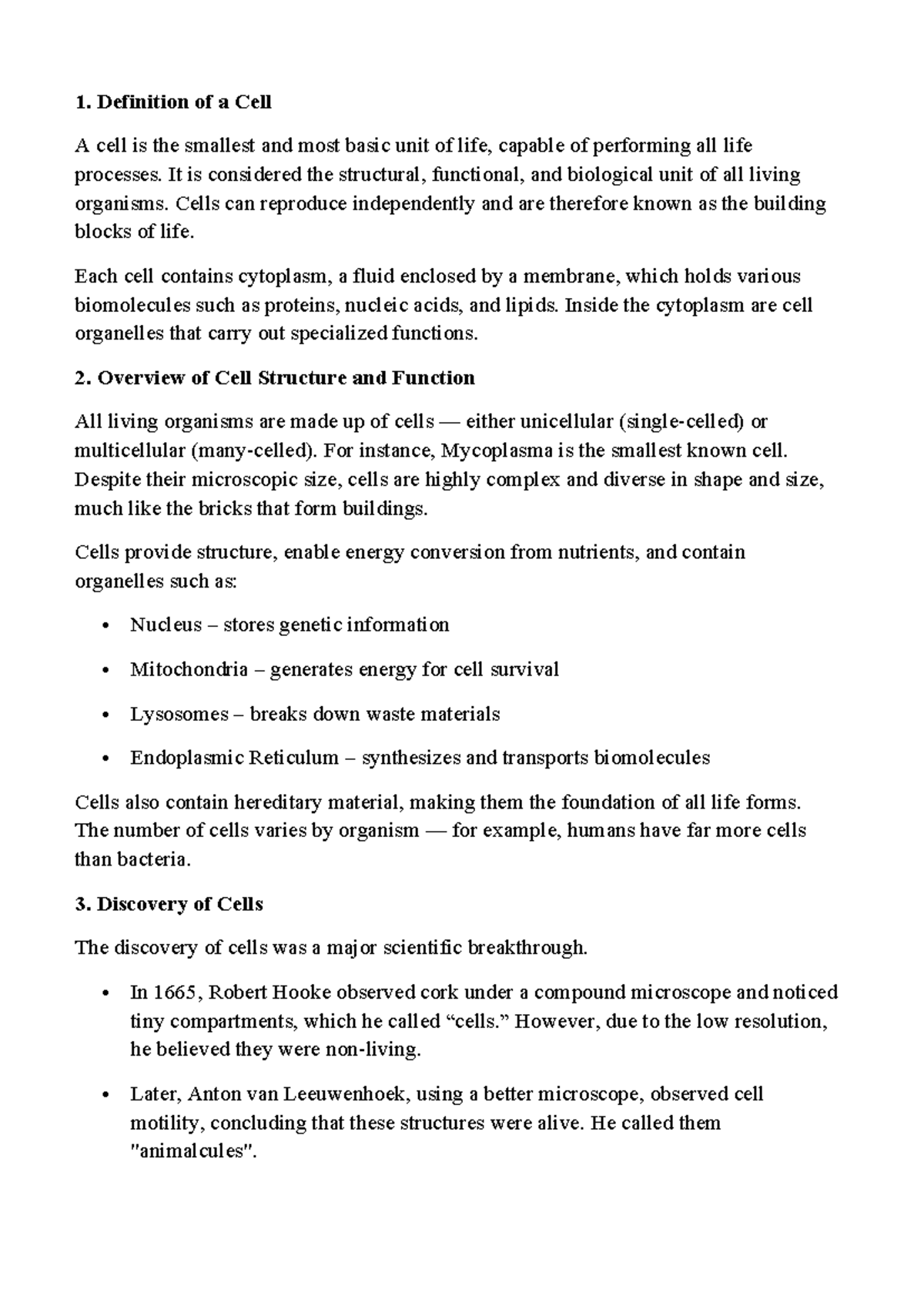Cell Structure and Function Overview - BIO101 Lecture Notes - Studocu