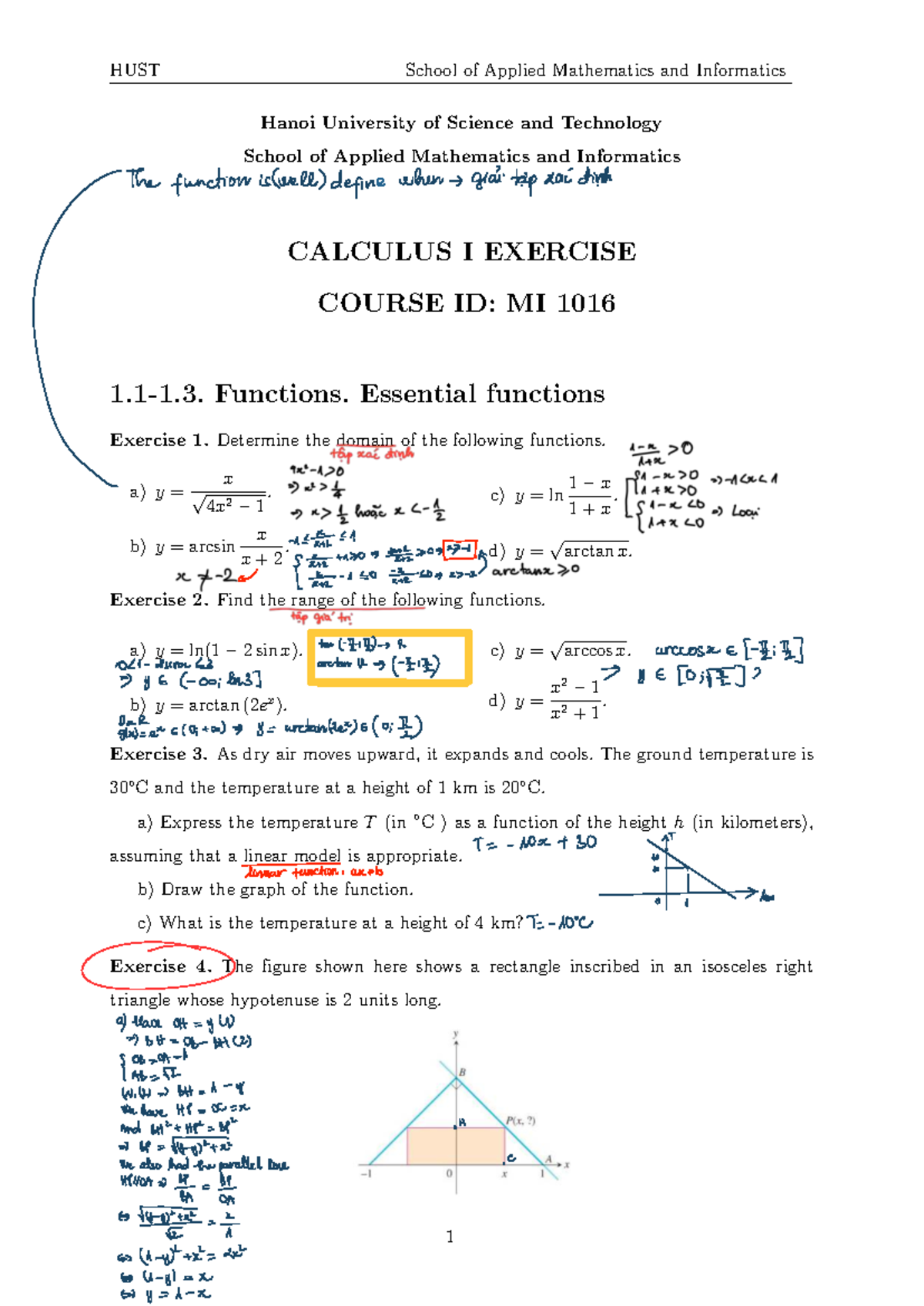 MI 1016 - Calculus I Exercise Solutions and Function Analysis - Studocu
