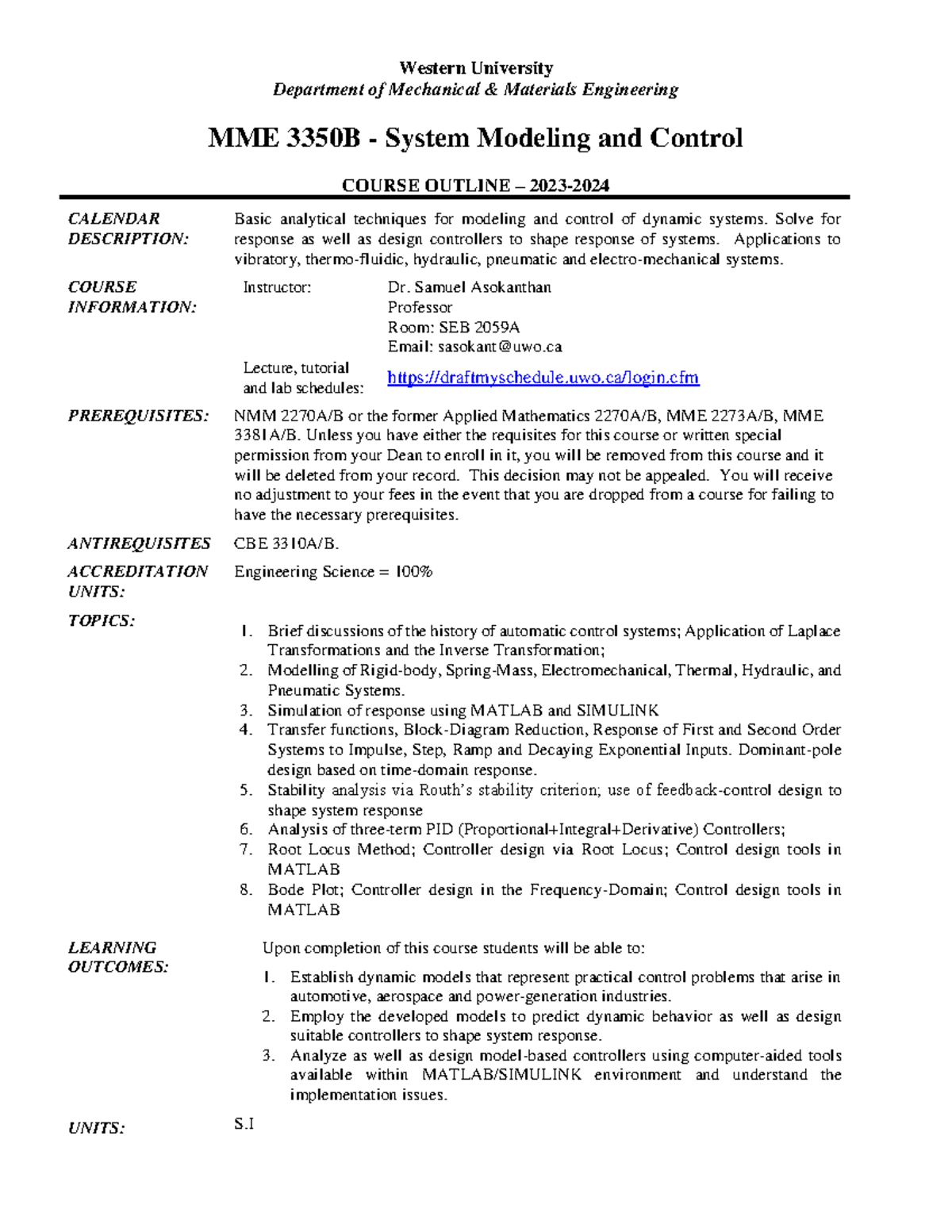 MME-3350-Course-Outline-2023-2024-System Modeling and Control - Studocu