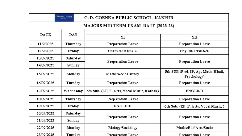 Majors MID TERM EXAM DATE Sheet Grade XI and XIII 202526 - XI XII 11/9 ...