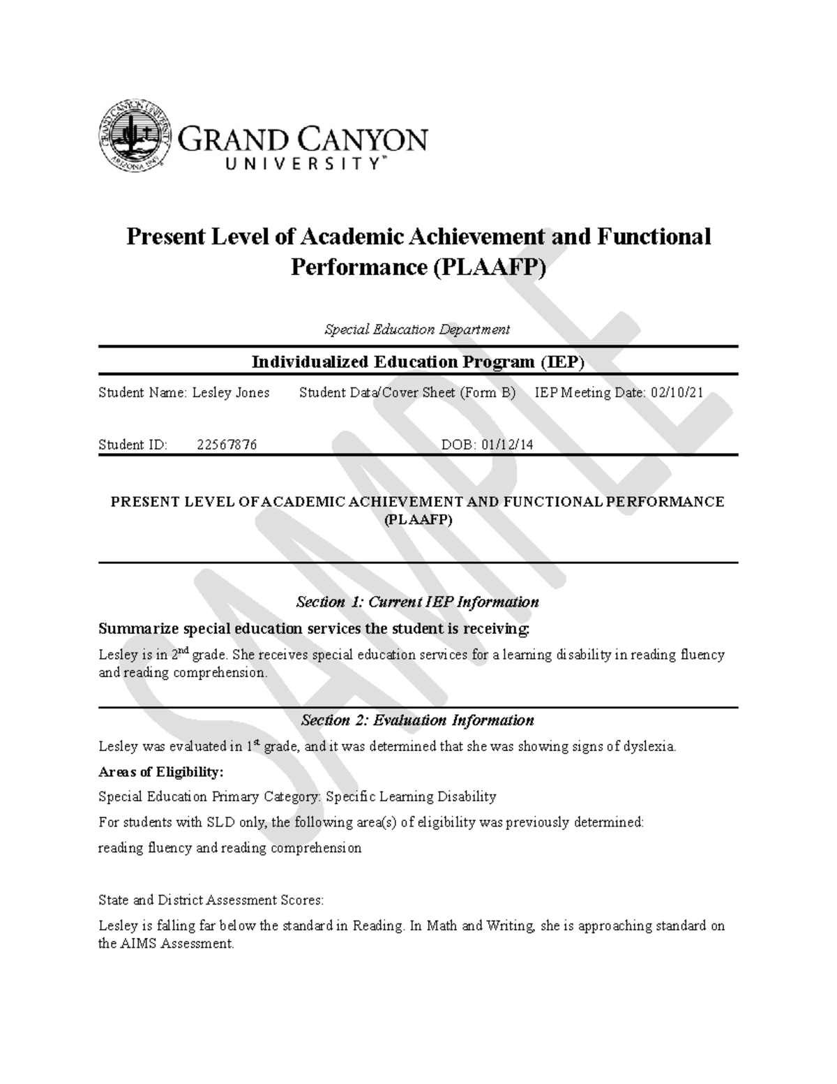 ECS 220 T4 RS Sample PLAAFP for Lesley Jones' IEP Assessment - Studocu