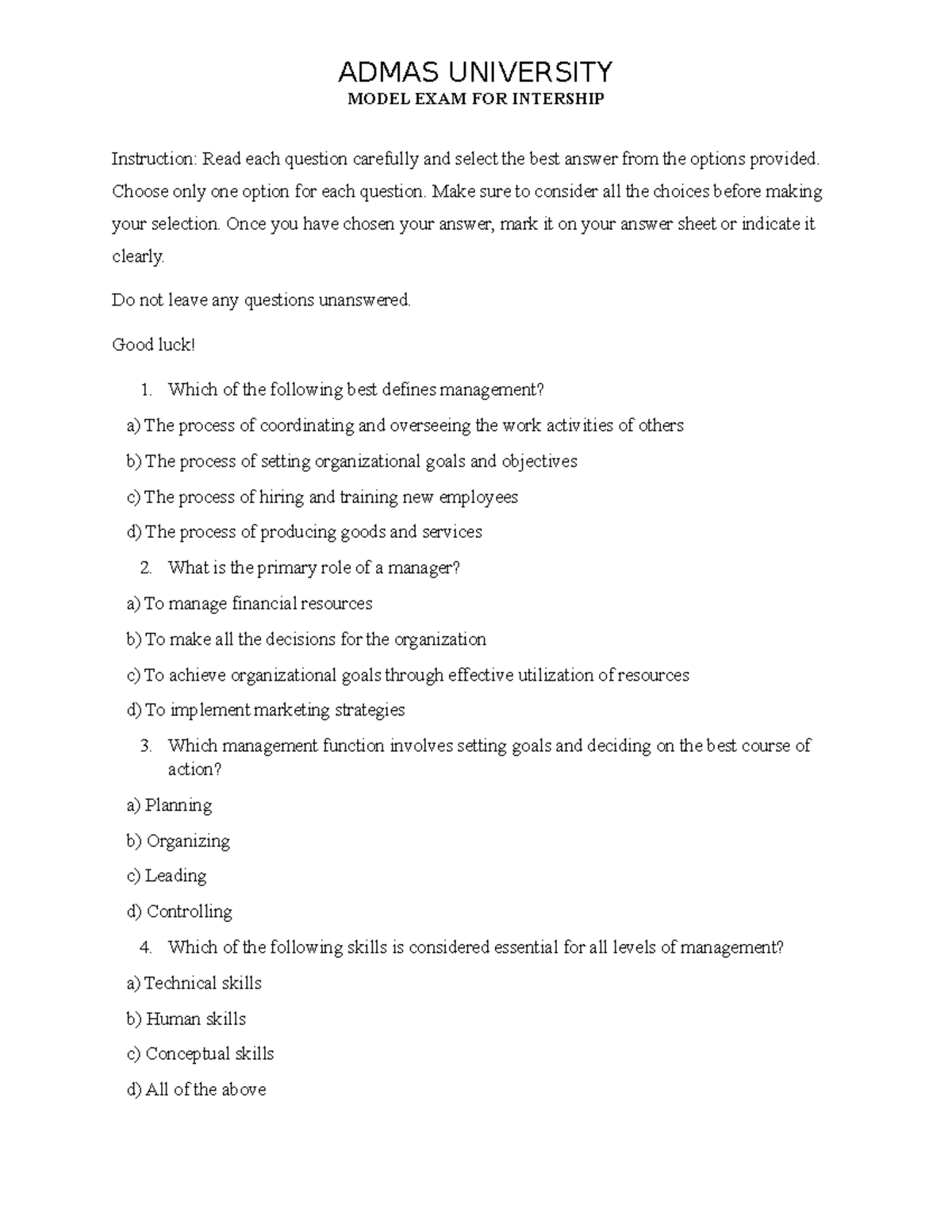 Management Course - Model Exam: Test Questions for Career Success - Studocu