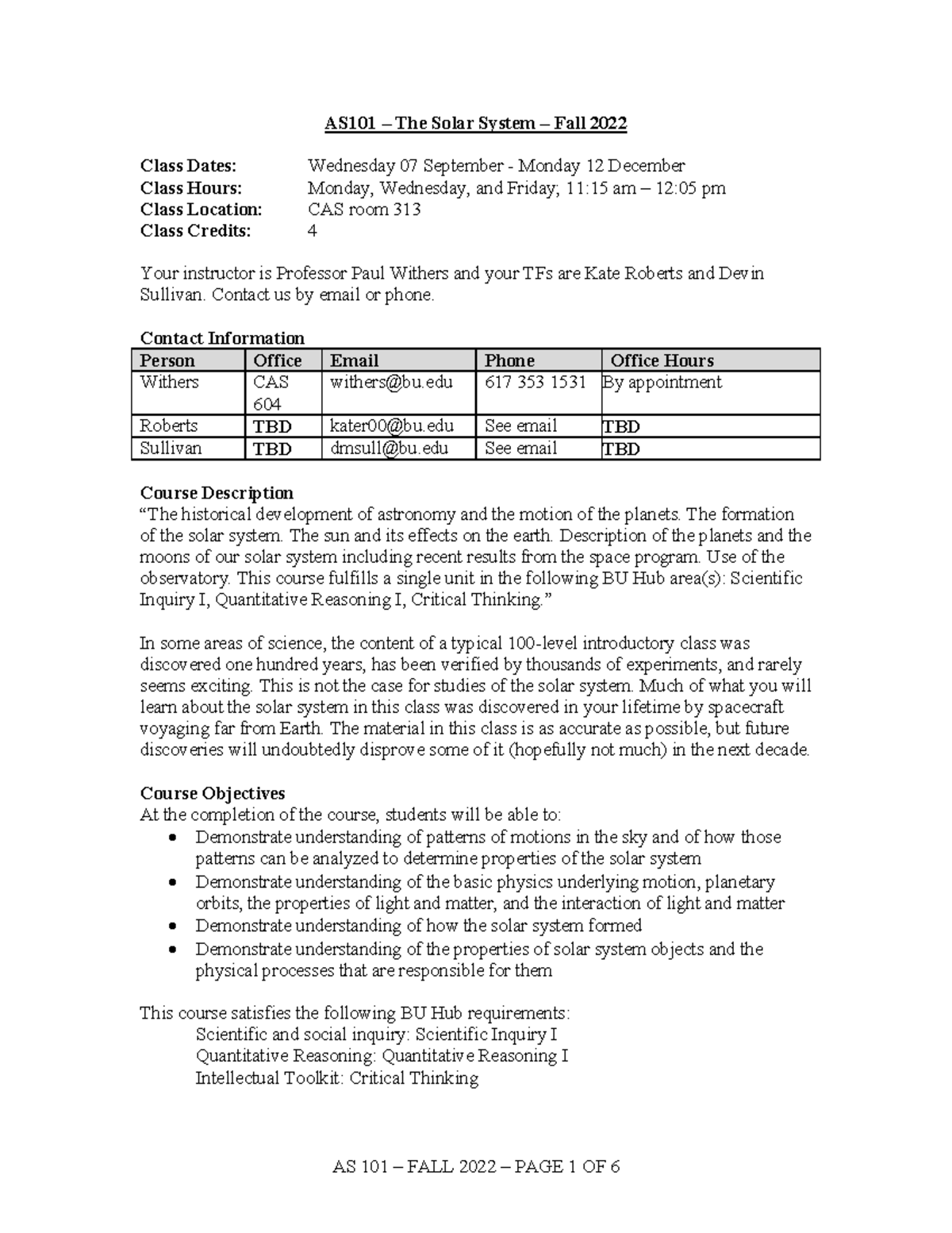 AS101 Syllabus: The Solar System - Fall 2022 Details - Studocu