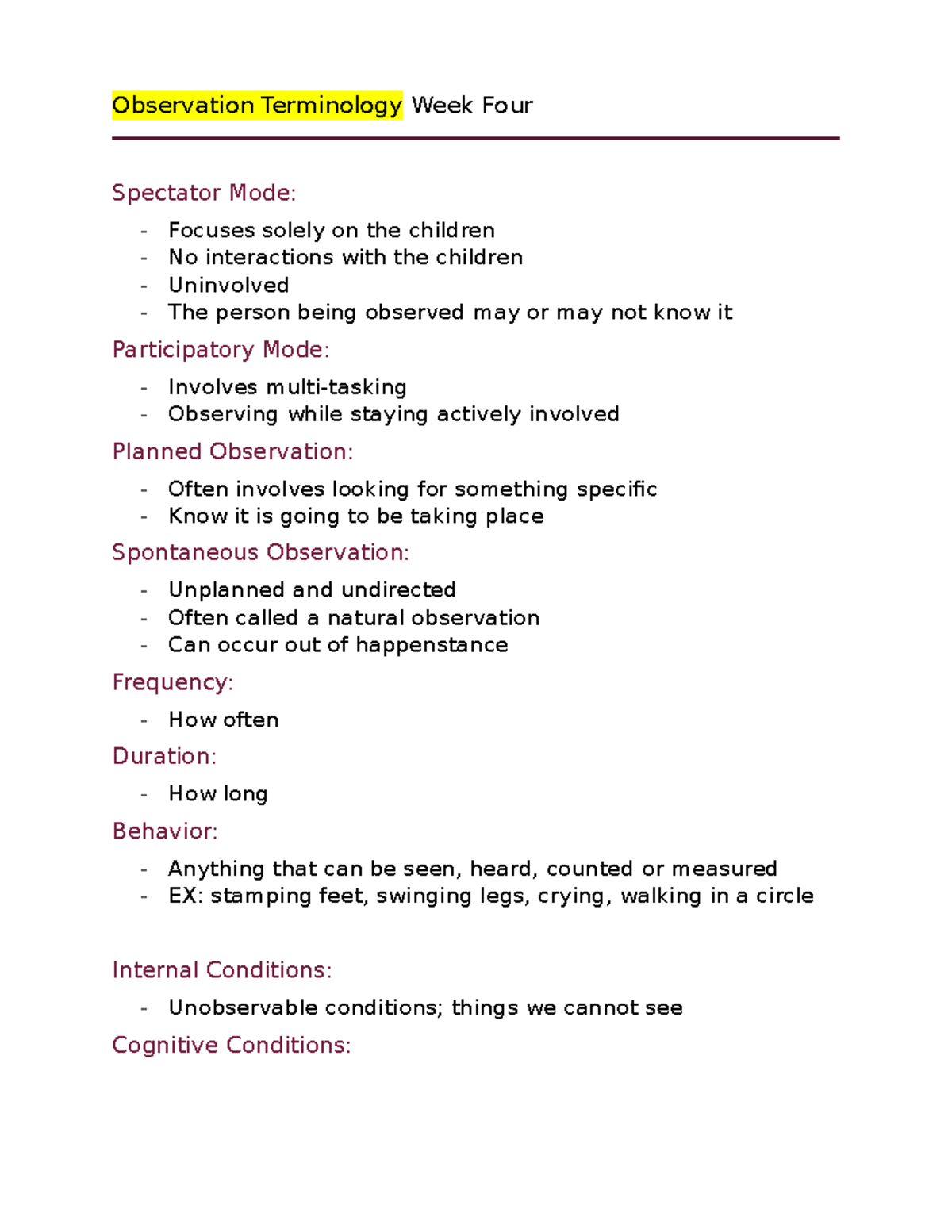 Observation Terminology Overview: Week Four Notes - Studocu