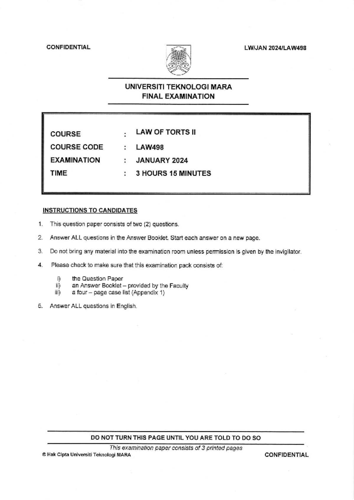 LAW498 Final Exam: Law of Torts II - January 2024 Examination Paper ...