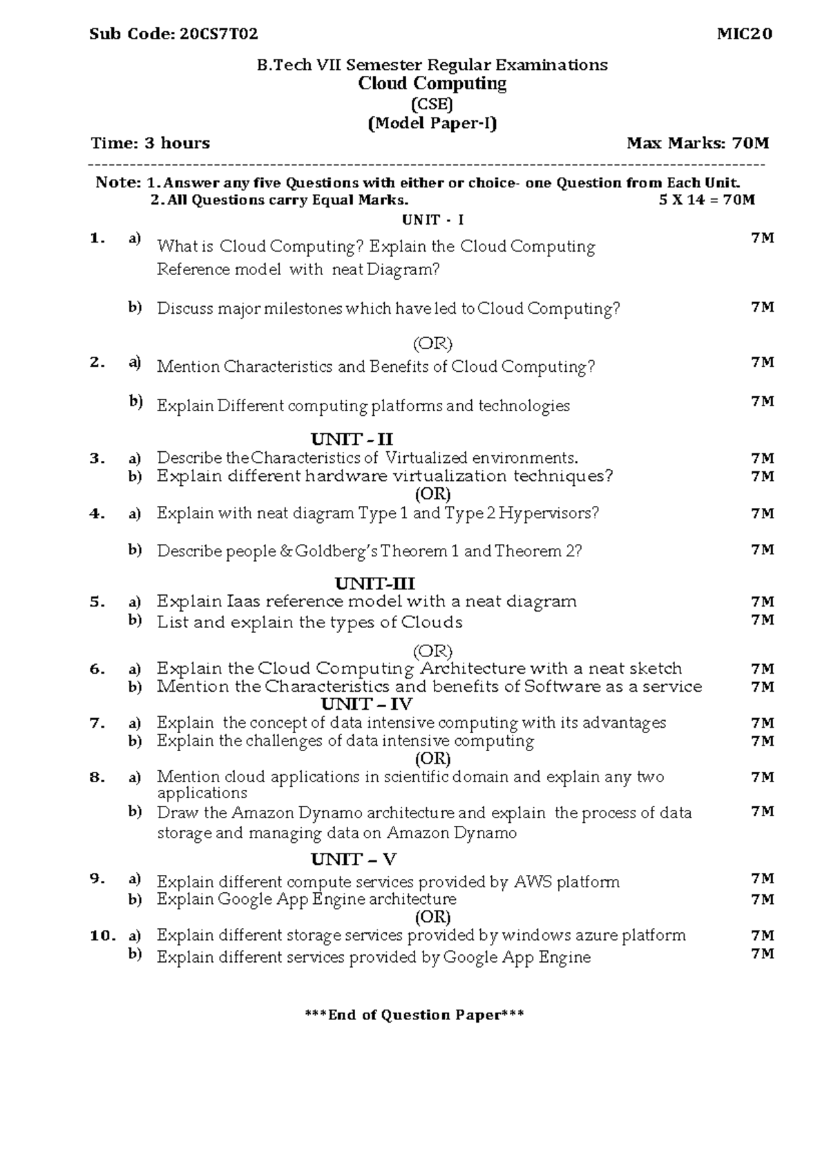 Sub Code: 20CS7T02 MIC20 B.Tech VII Sem Cloud Computing Exam Model ...