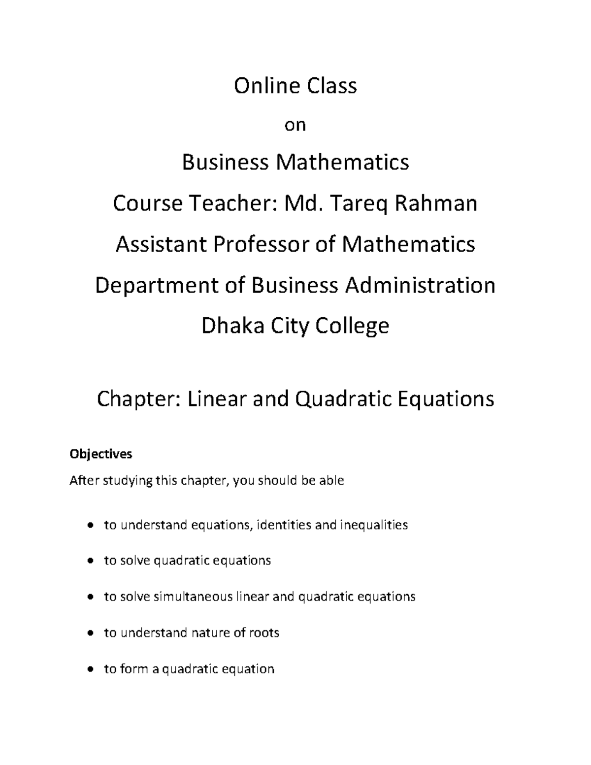 Business Mathematics (MATH101): Equations, Identities, and Their Uses ...