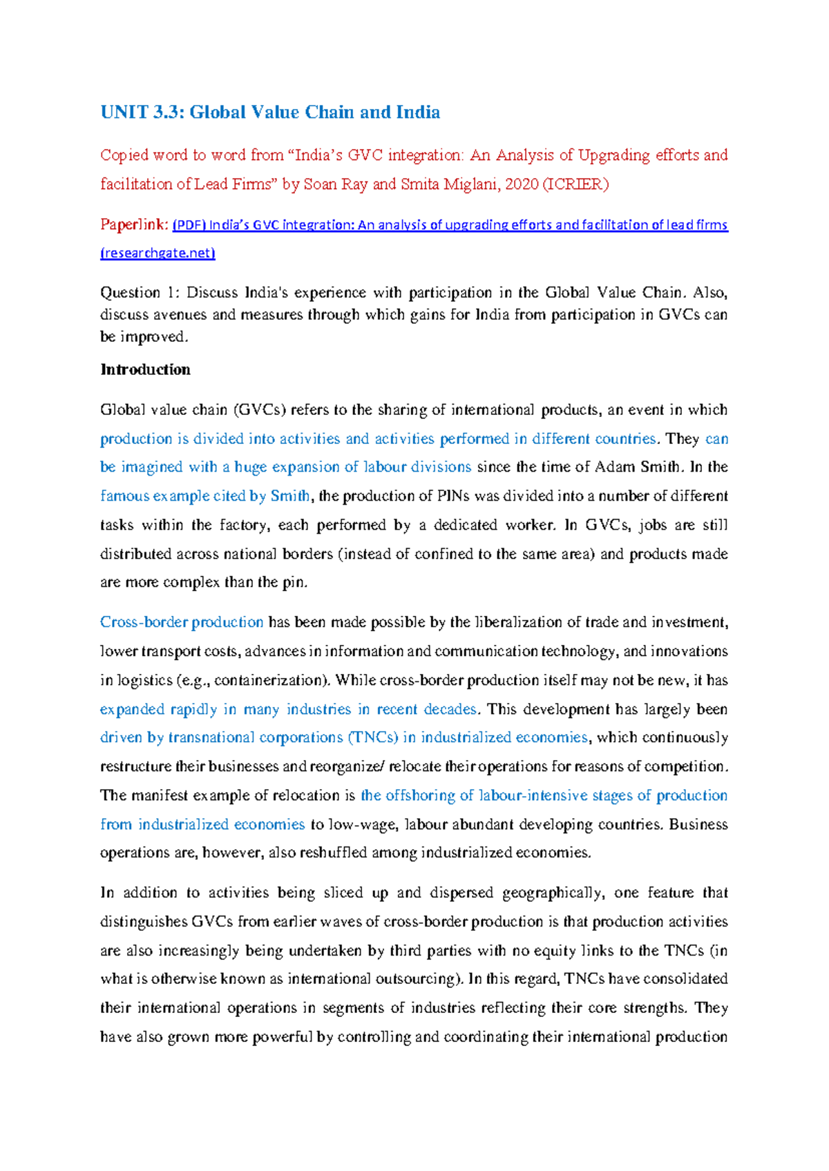 Unit 3: Summary of India's Participation in Global Value Chains - Studocu