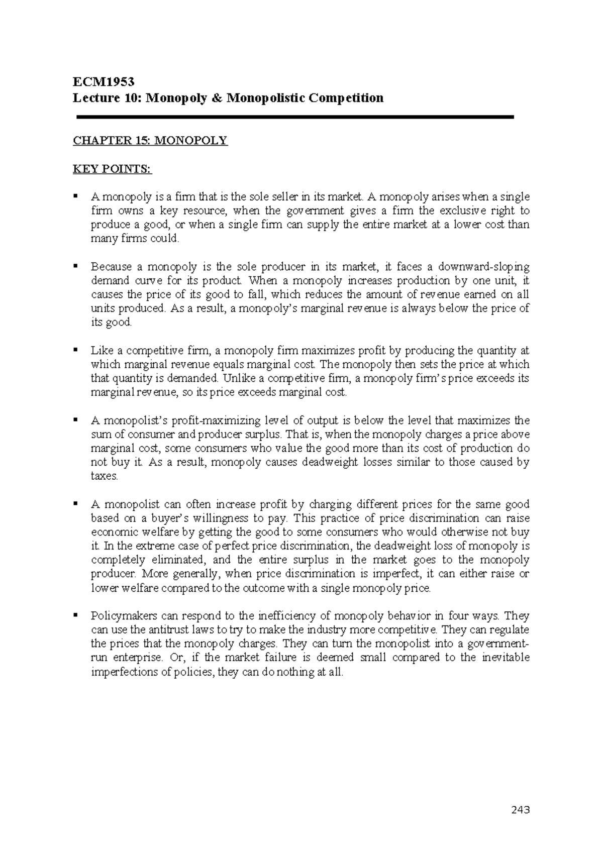 ECM1953 Week 10 Lecture Notes: Monopoly & Monopolistic Competition ...