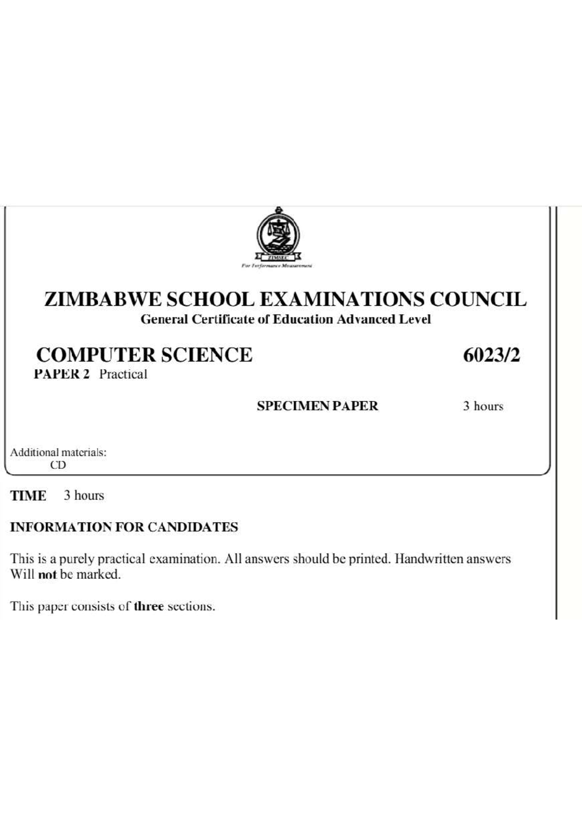 ZIMSEC A Level Computer Science Paper 2 Practical Specimen 2023 - Studocu