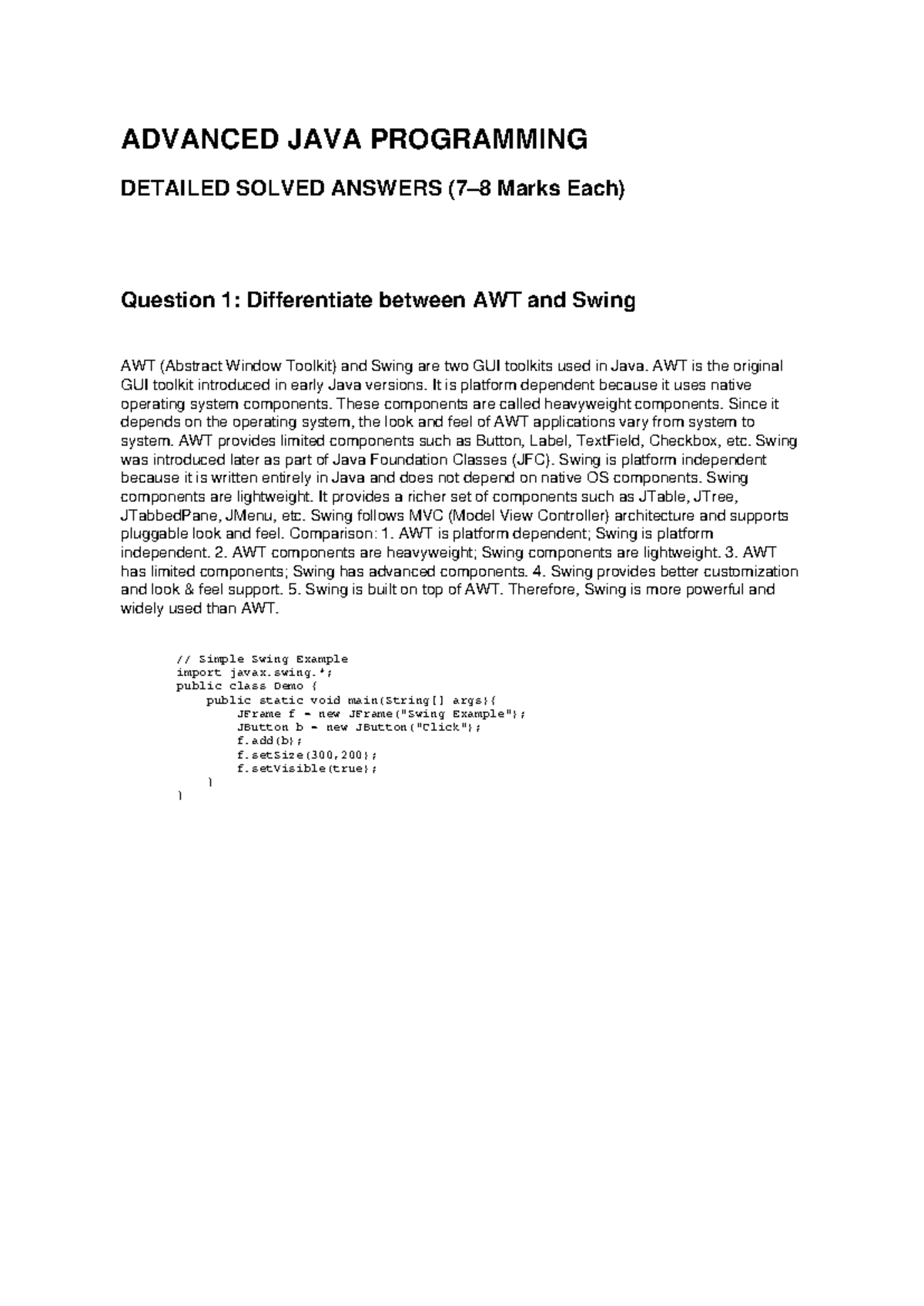 ADVANCED JAVA PROGRAMMING MODEL Q&A SOLUTIONS - Studocu