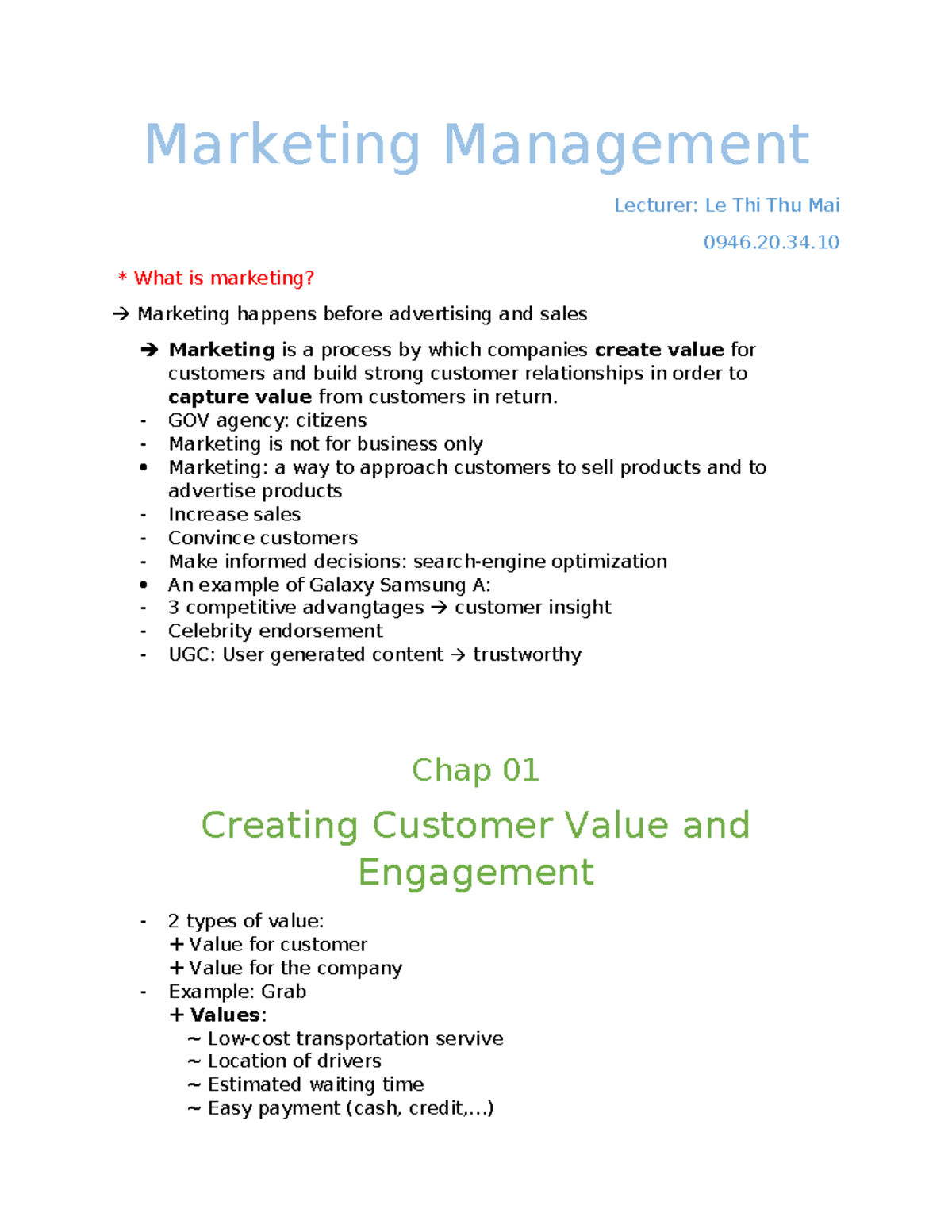 Marketing Management Lecture Notes: Creating Customer Value - Studocu