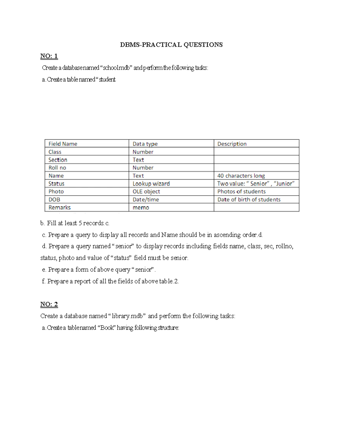 DBMS 101 Practical Tasks and Questions for Database Creation - Studocu