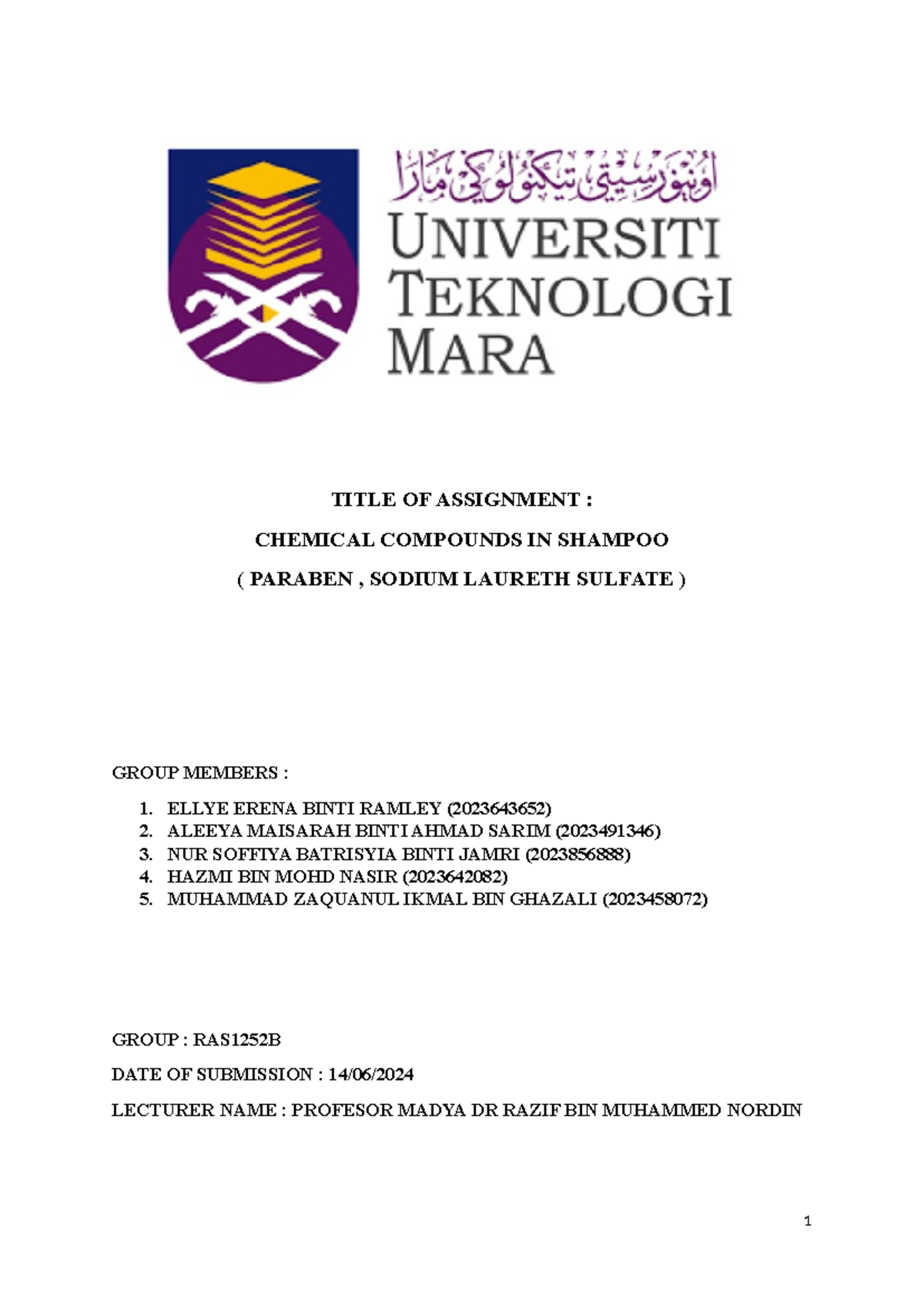 Assignment CHMM132 - TITLE OF ASSIGNMENT : CHEMICAL COMPOUNDS IN ...
