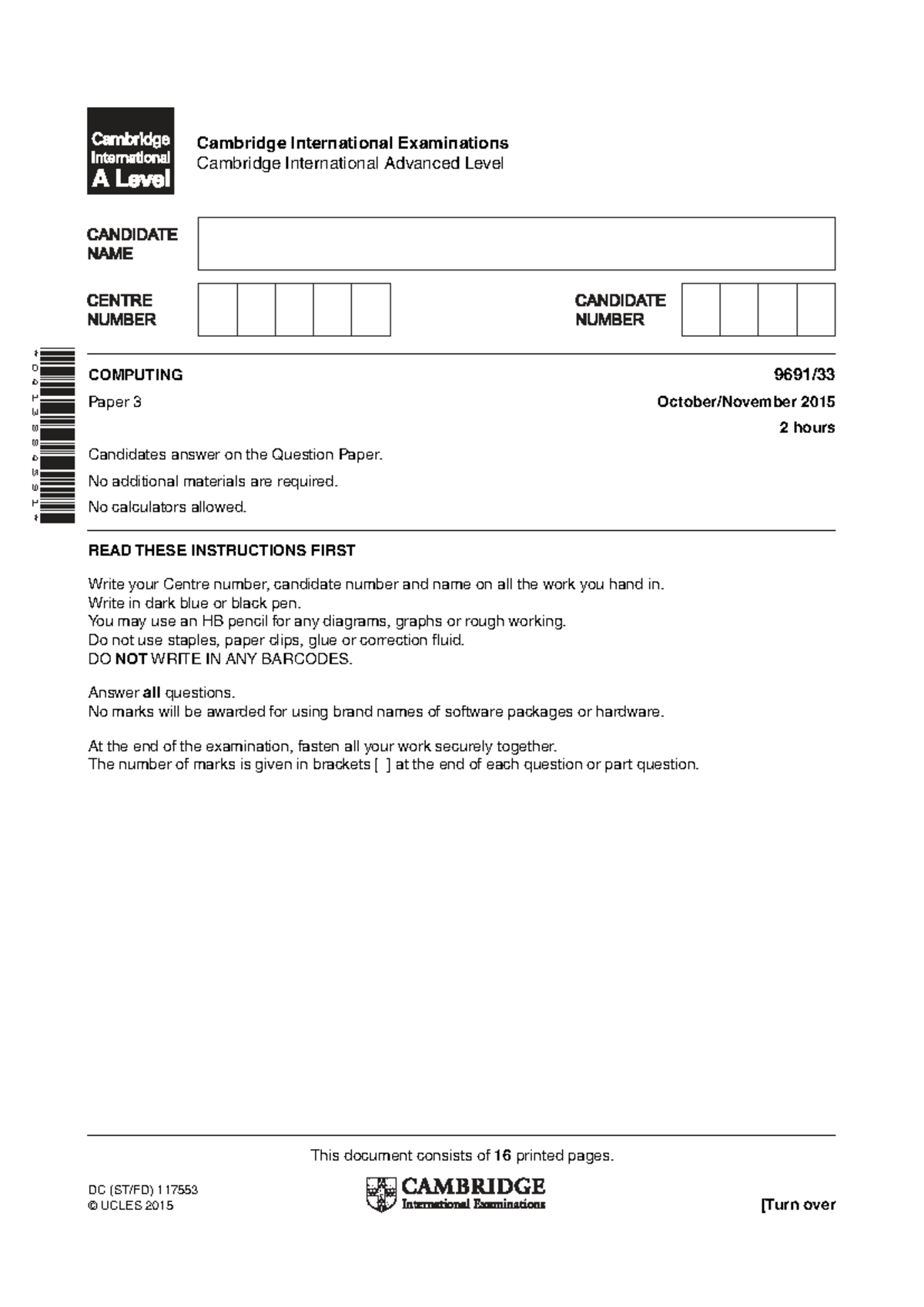 A Level 9691/33 Computing Paper 3 Exam Questions 2015 - Studocu