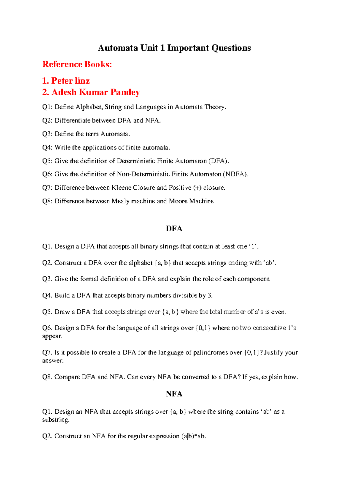 Automata Theory Unit 1: Key Questions & Concepts - Studocu
