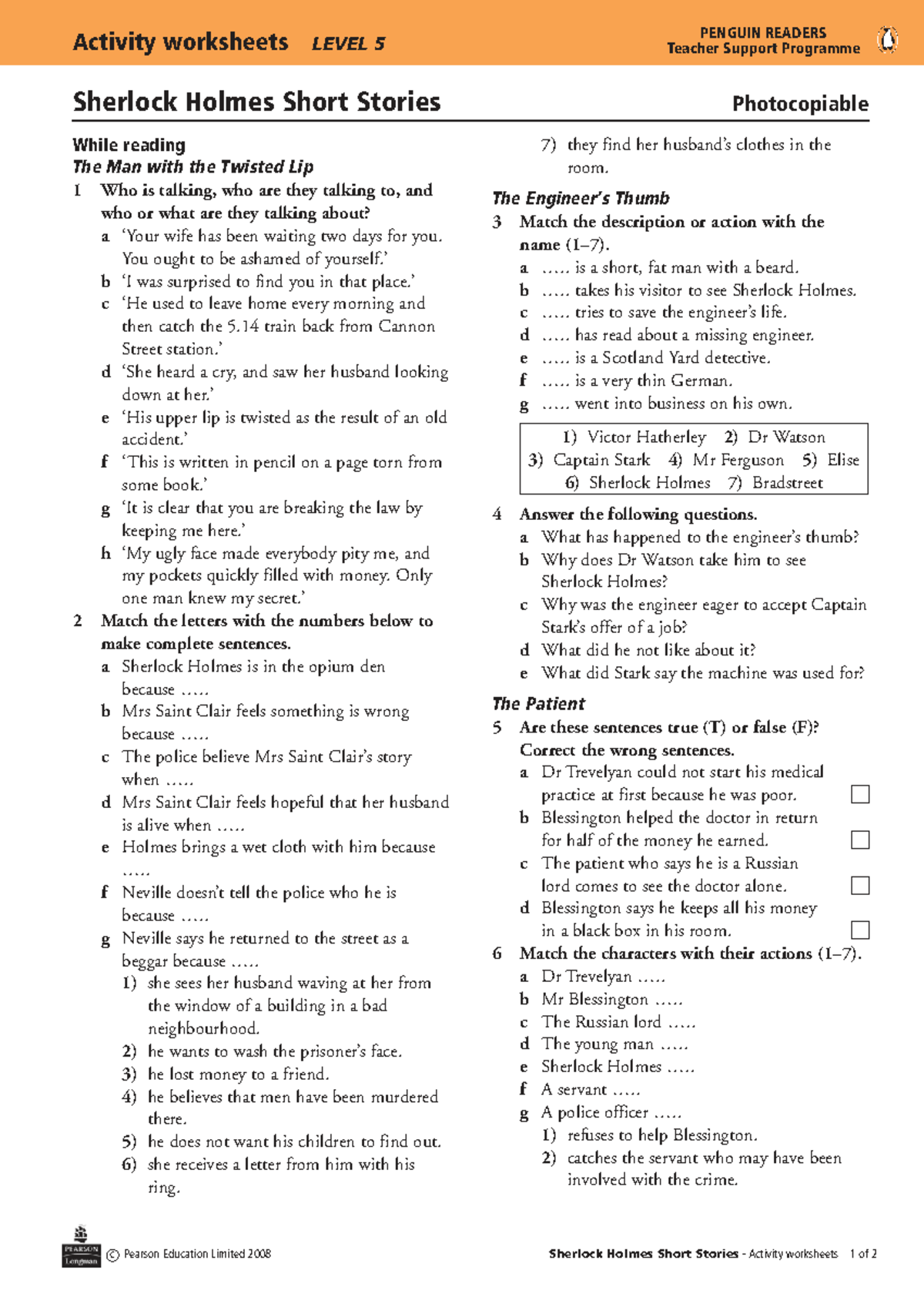 Exercises for Sherlock Holmes Short Stories (PENGUIN READERS LEVEL 5) - Studocu