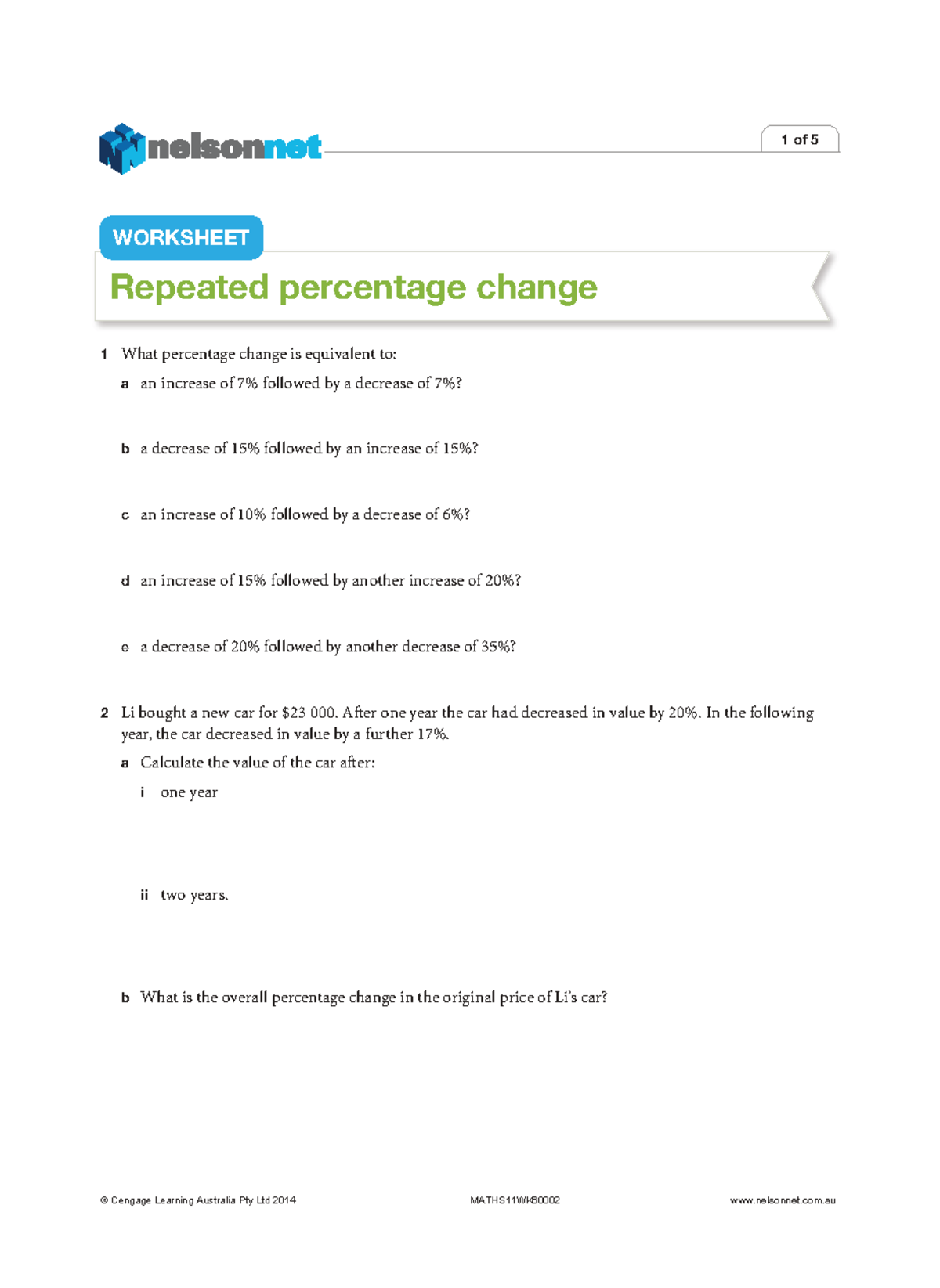 Repeated Percentage Change Worksheet 1 of 5 - Studocu