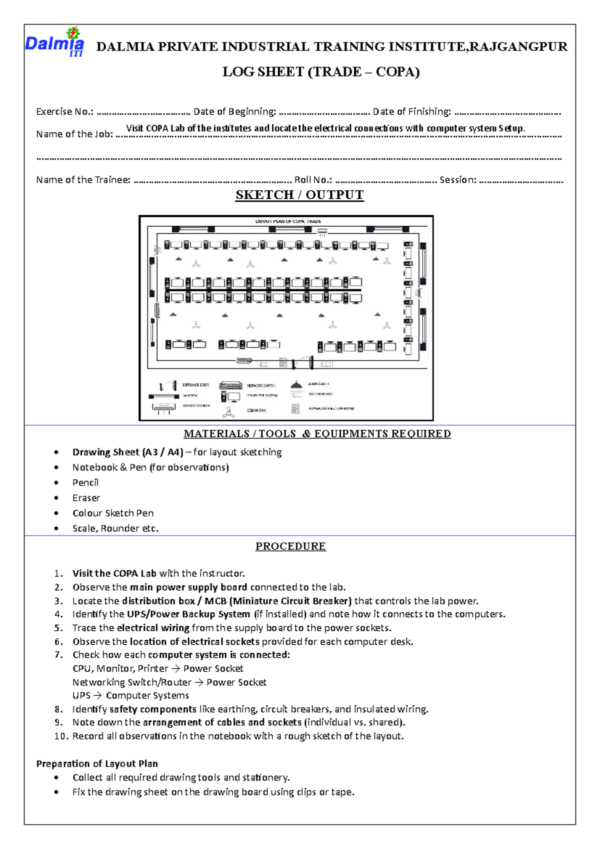 DALMIA PRIVATE INDUSTRIAL TRAINING INSTITUTE: COPA Lab Layout Job-1 ...
