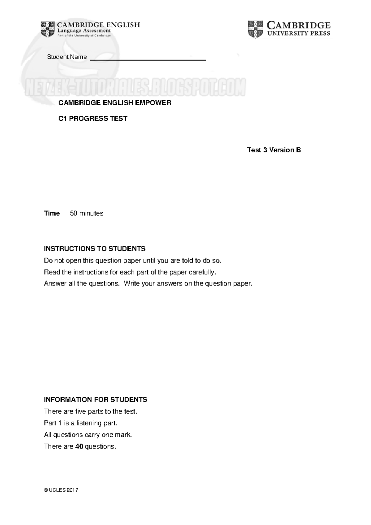 C1 Progress Test - Unit 3 - Listening & Reading Review - Version B ...