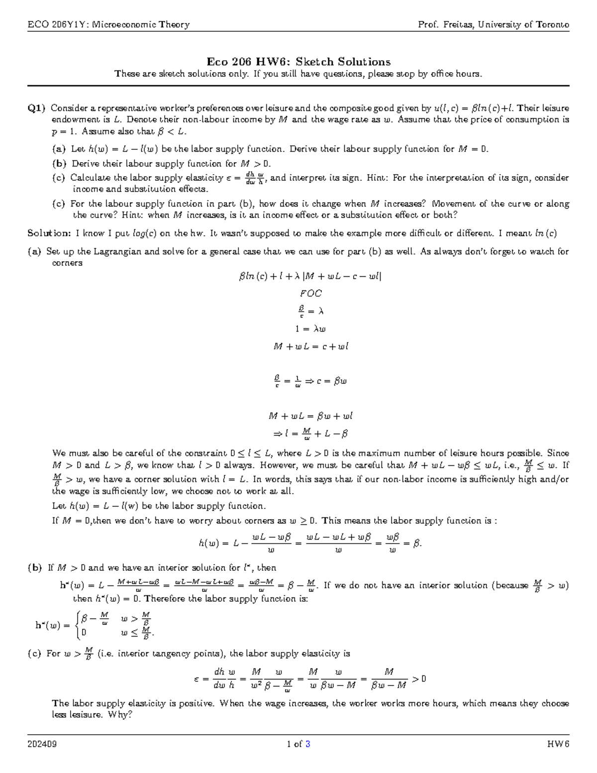 ECO 206Y1Y: Fall 2024 Microeconomic Theory HW6 Sketch Solutions - Studocu