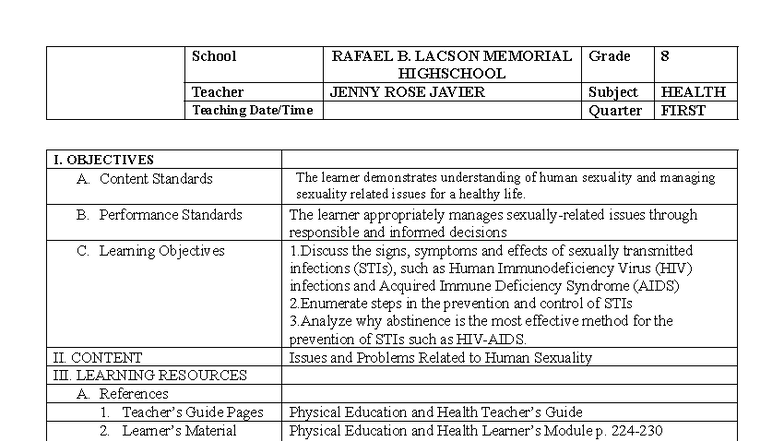 STI Education and Management - MAPEH 8 Lesson Plan - Studocu
