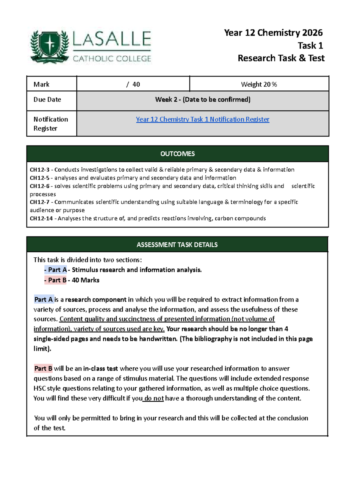Year 12 Chemistry 2026 Task 1 Research & Test Notification - Studocu