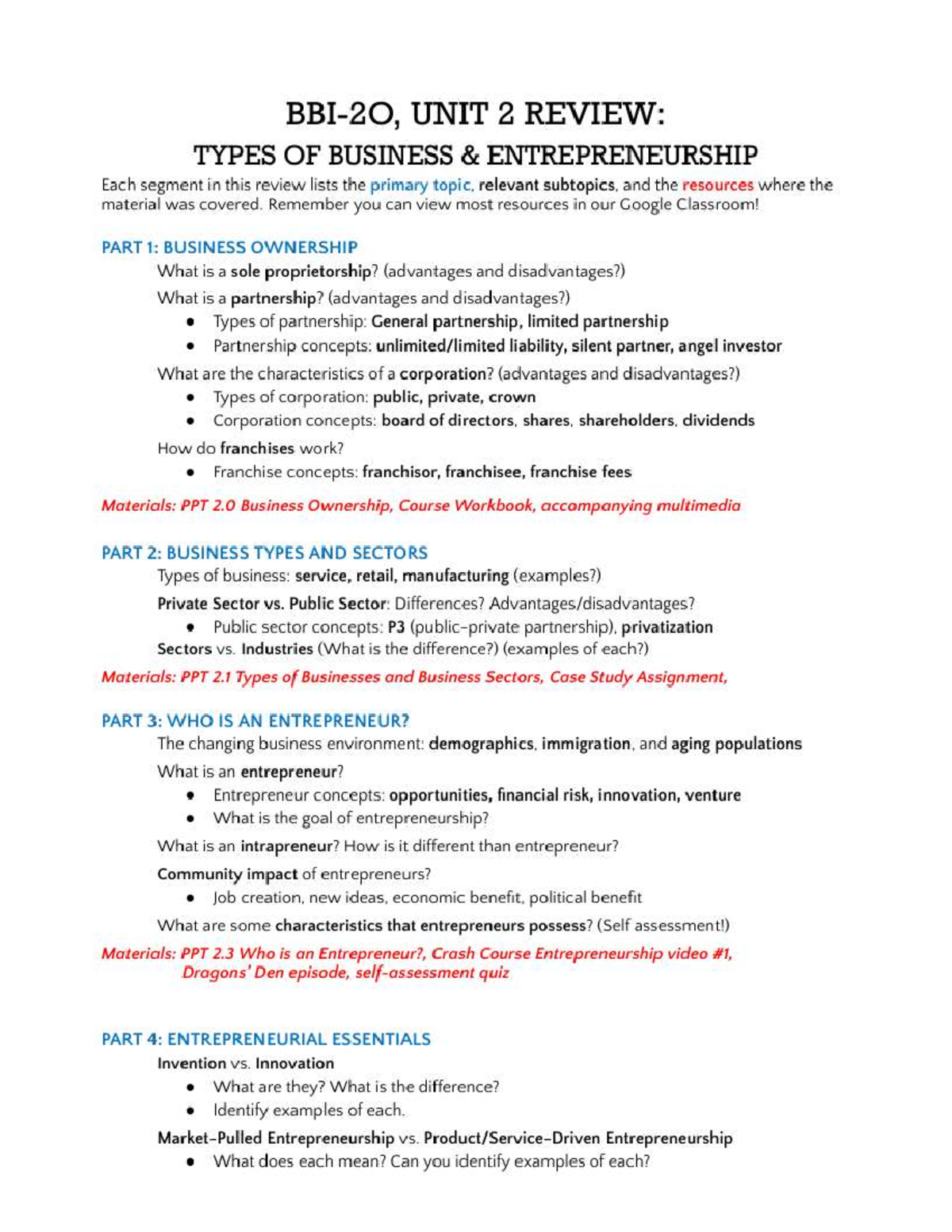 BUS 101: Unit 2 Review - Types of Business & Entrepreneurship - Studocu
