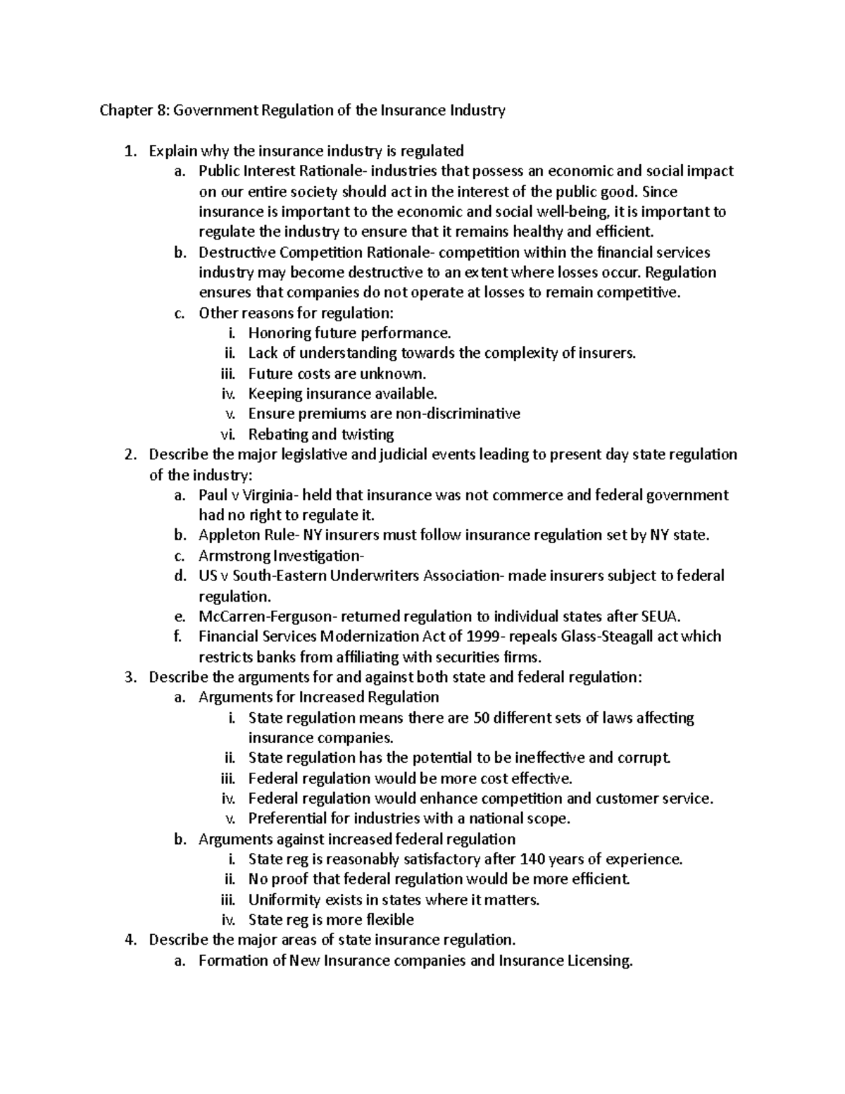 FIN331-Ch8Notes - Insurance Industry Regulation Overview - Studocu