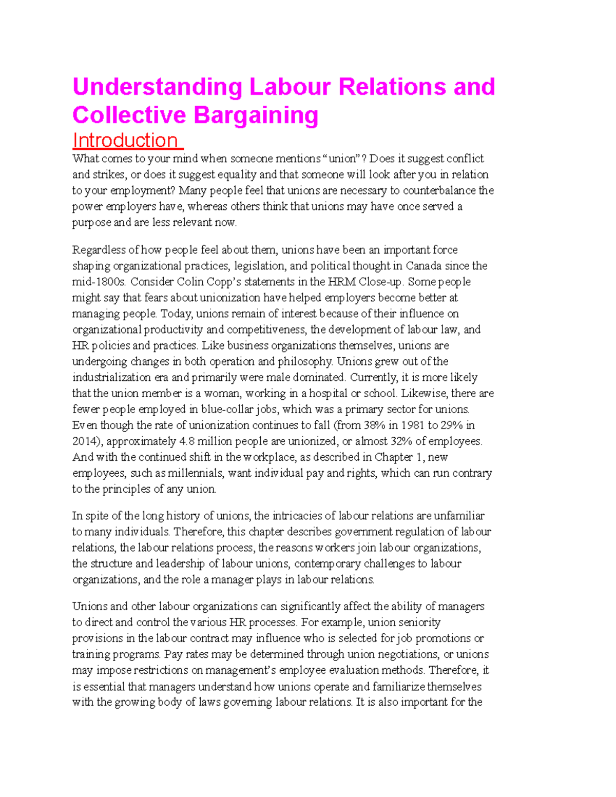 Chapter 10 - Understanding Labour Relations and Collective Bargaining ...