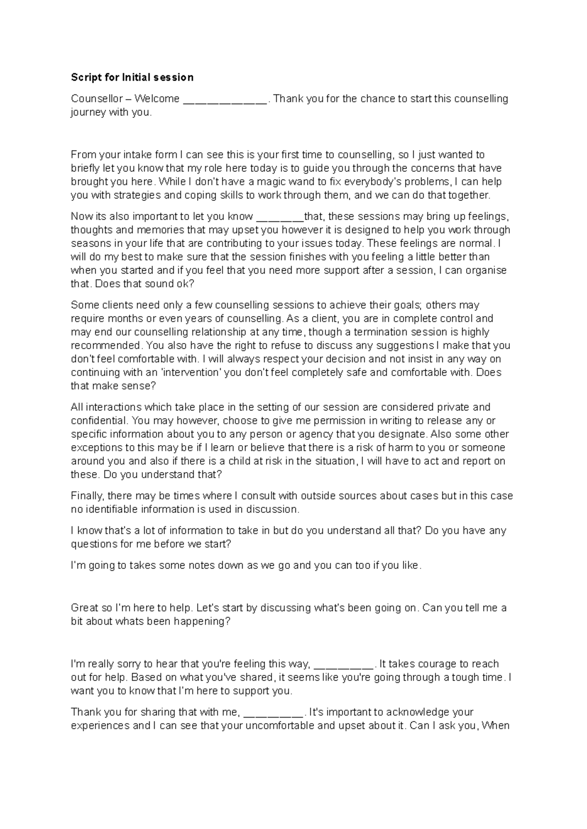 Initial Counselling Session Script: Guidance for New Clients - Studocu