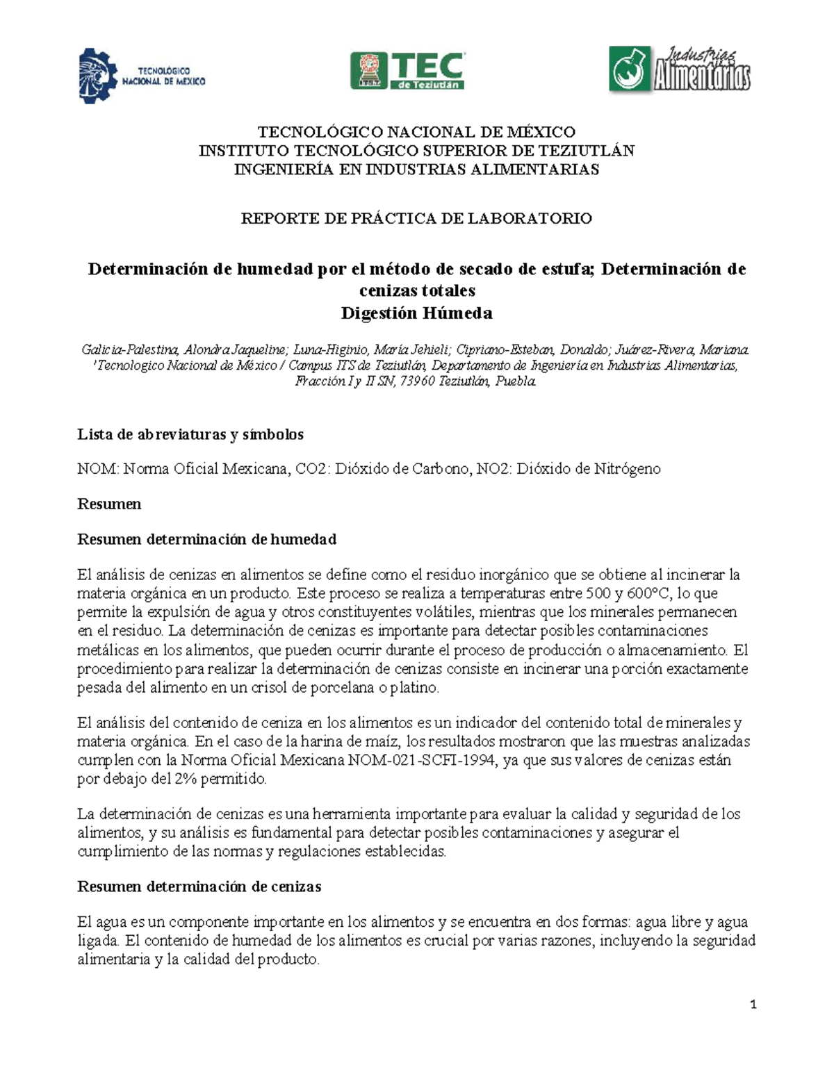 Determinación de Humedad y Cenizas Totales en Alimentos - Práctica de ...