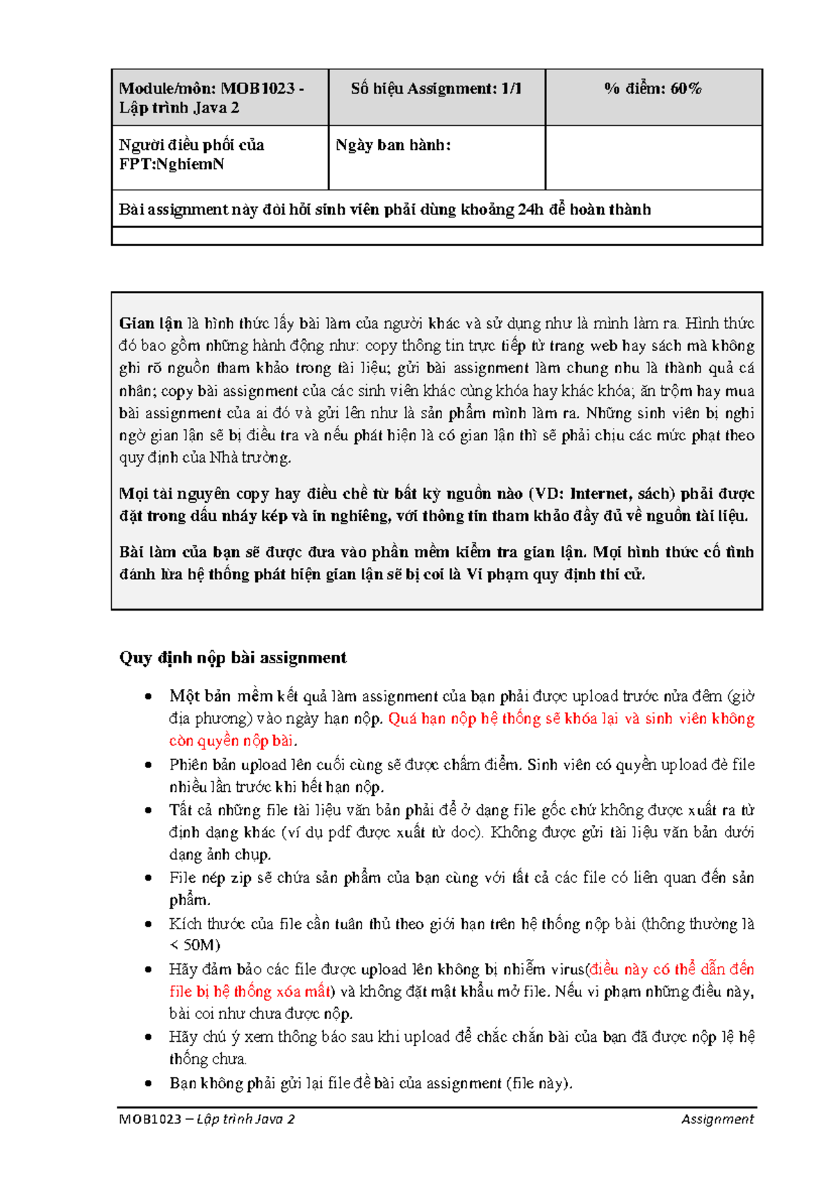 MOB1023 - Assignment - Module/môn: MOB1023 - Lập trình Java 2 Số hiệu ...