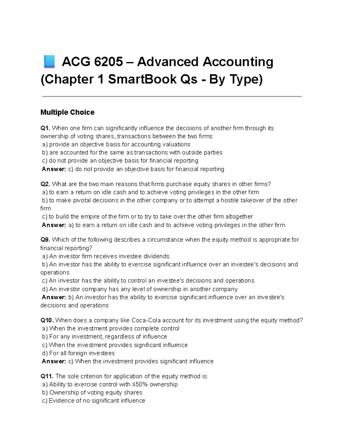 ACG 6205 Advanced 1 SmartBook Questions on Equity Method Accounting ...