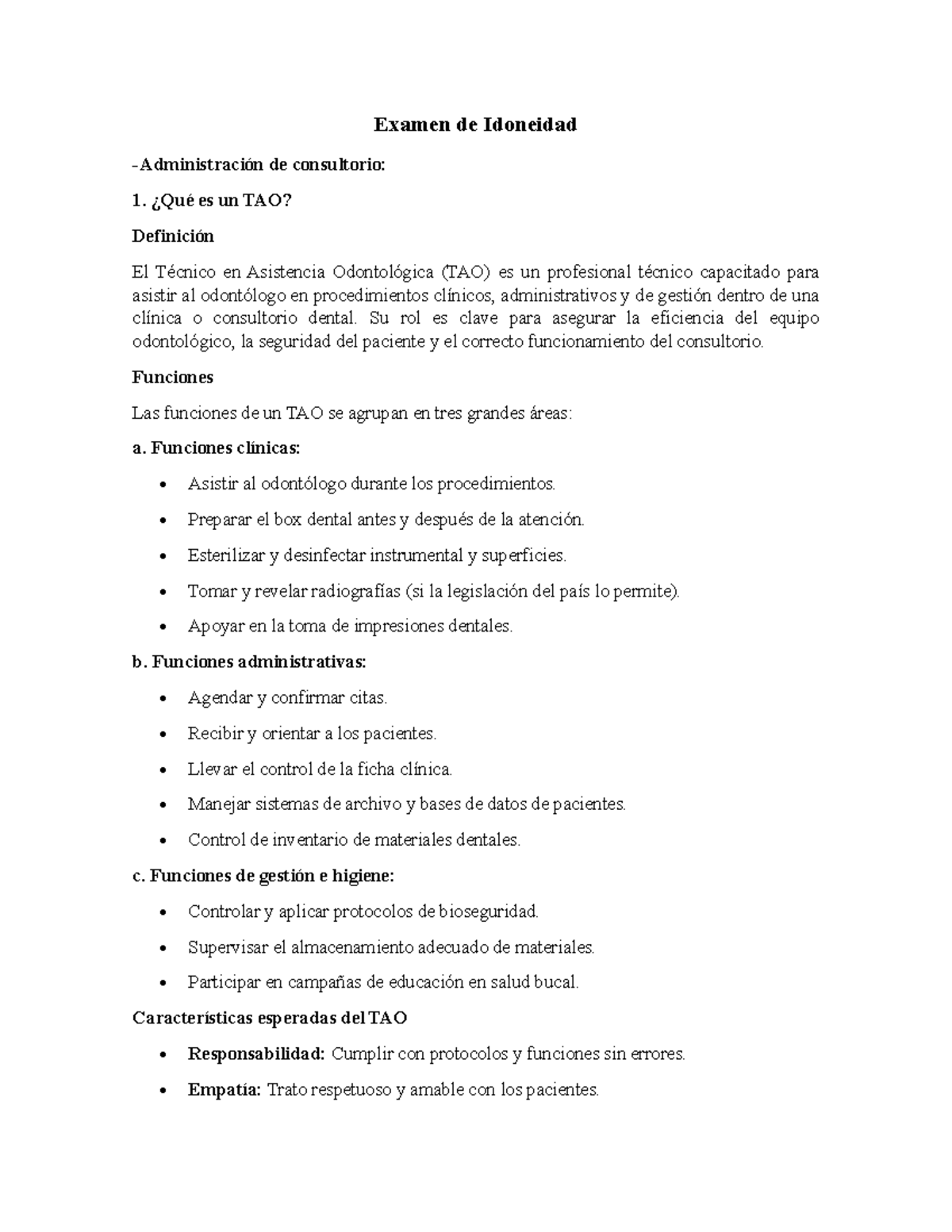Examen de Idoneidad del TAO: Funciones y Comunicación en Odontología - Document Preview