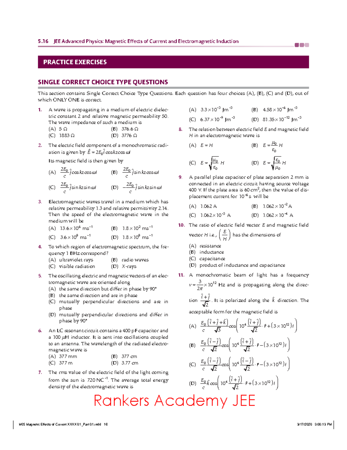 JEE Advanced Physics: Magnetic Effects of Current & EM Waves Practice ...