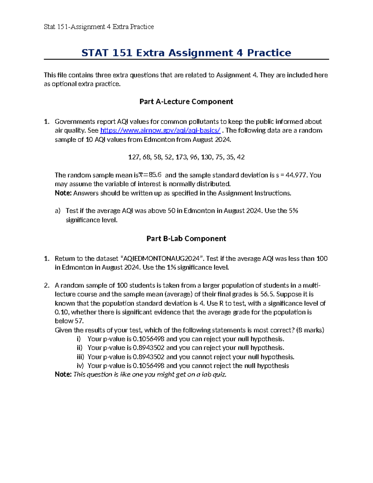 STAT 151 Assignment 4 Extra Practice Questions - Studocu