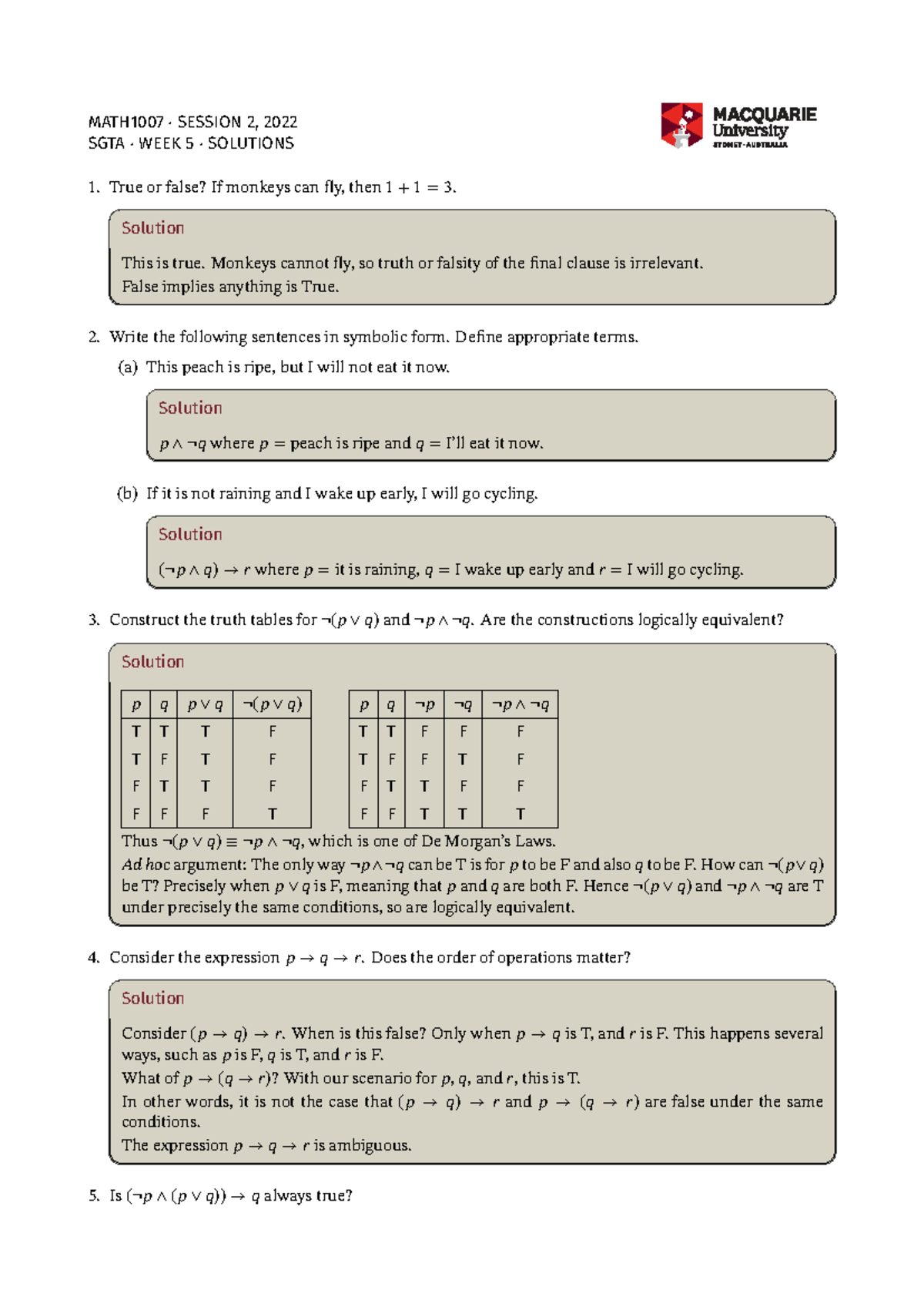 MATH1007 SGTA WEEK 5 SOLUTIONS: TRUE/FALSE & LOGICAL EQUIVALENCE - Studocu