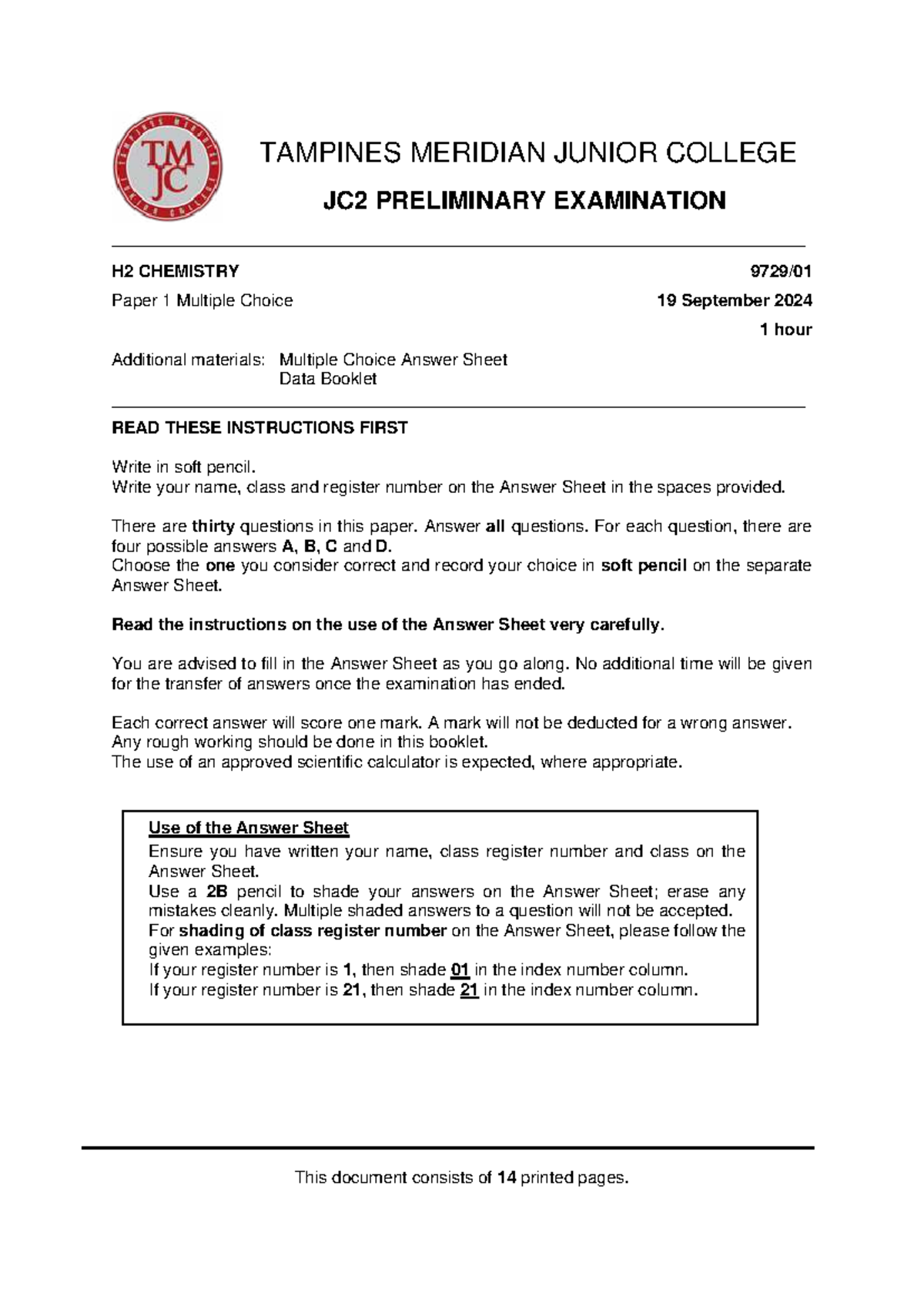 2024 TMJC H2 Chemistry JC2 Preliminary Exam Paper 1 Answers - Studocu
